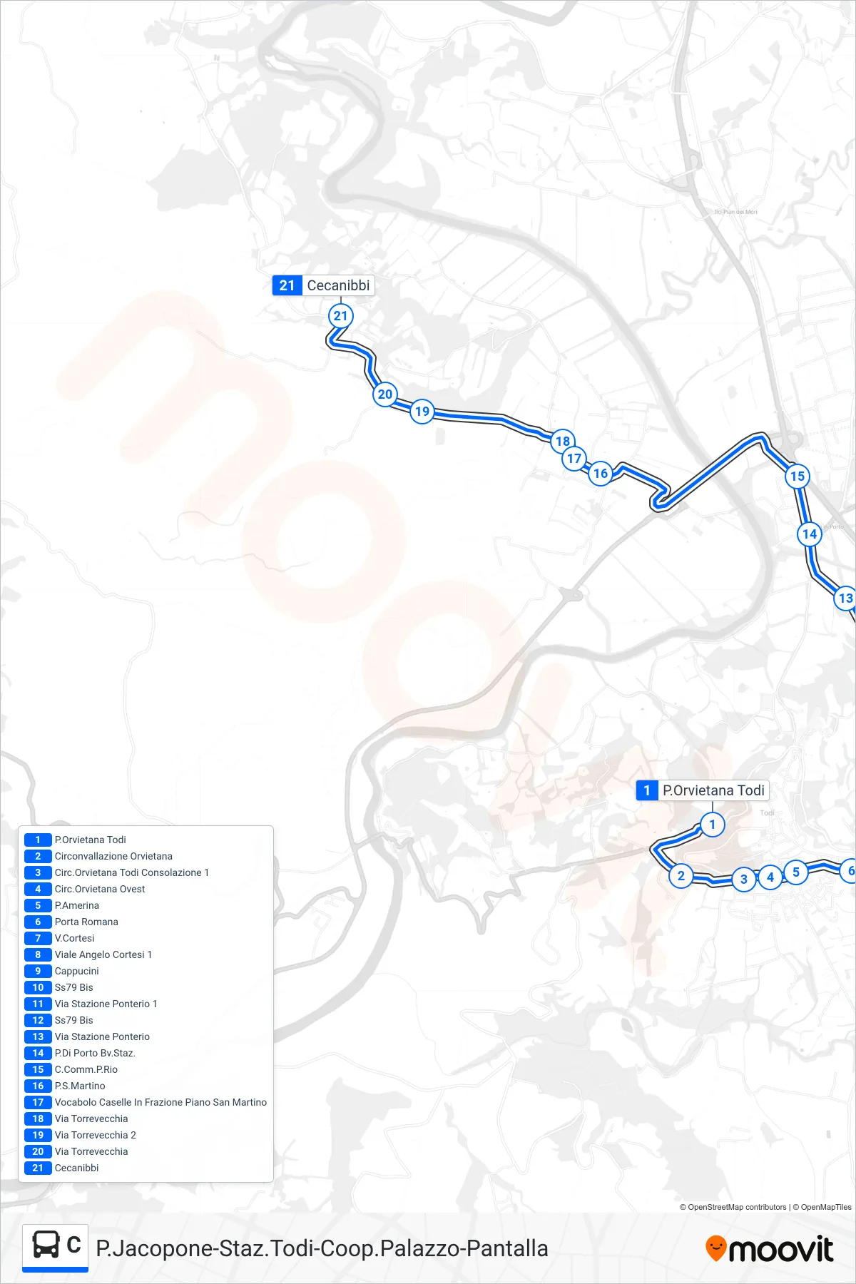 Linea C  bus (P.Orvietana Todi‎→Cecanibbi) - Percorsi e fermate sulla mappa