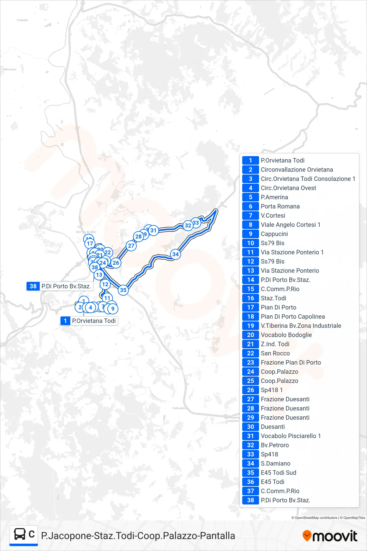 Linea C  bus (P.Orvietana Todi‎→P.Di Porto Bv.Staz.) - Percorsi e fermate sulla mappa