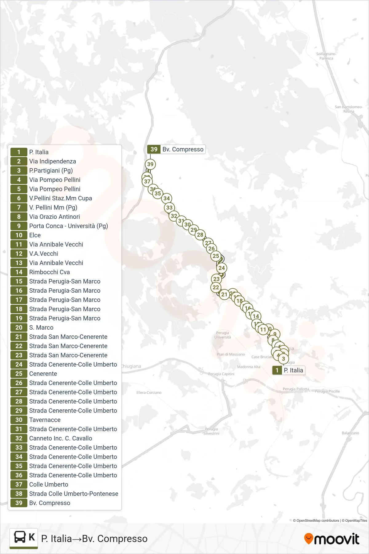 Linea K bus (P. Italia→Bv. Compresso) - Percorsi e fermate sulla mappa