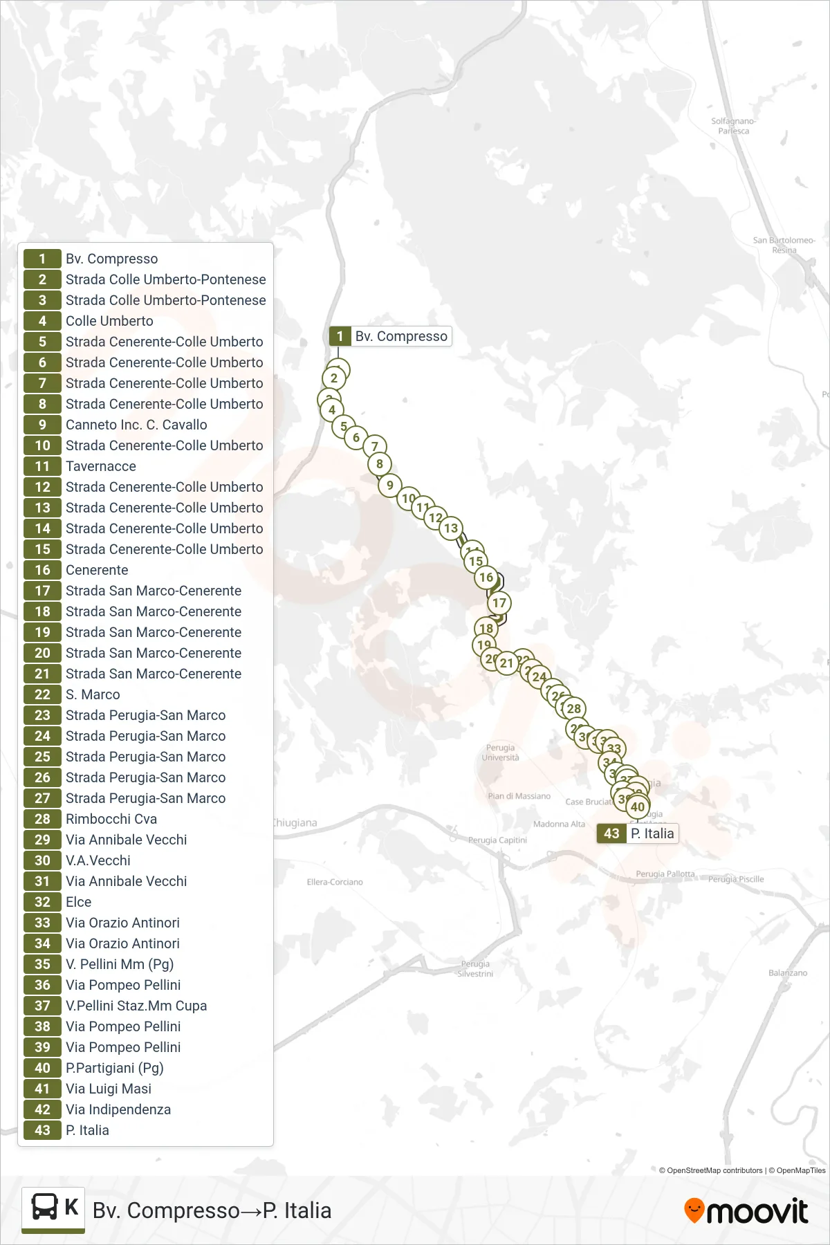 Linea K  bus (Bv. Compresso‎→P. Italia) - Percorsi e fermate sulla mappa