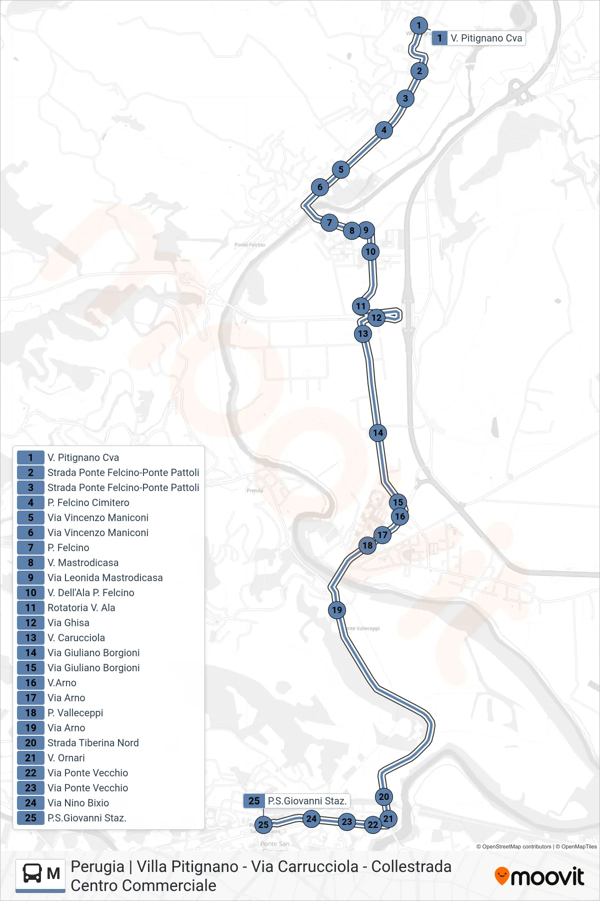 Linea M bus (V. Pitignano Cva→P.S.Giovanni Staz.) - Percorsi e fermate sulla mappa