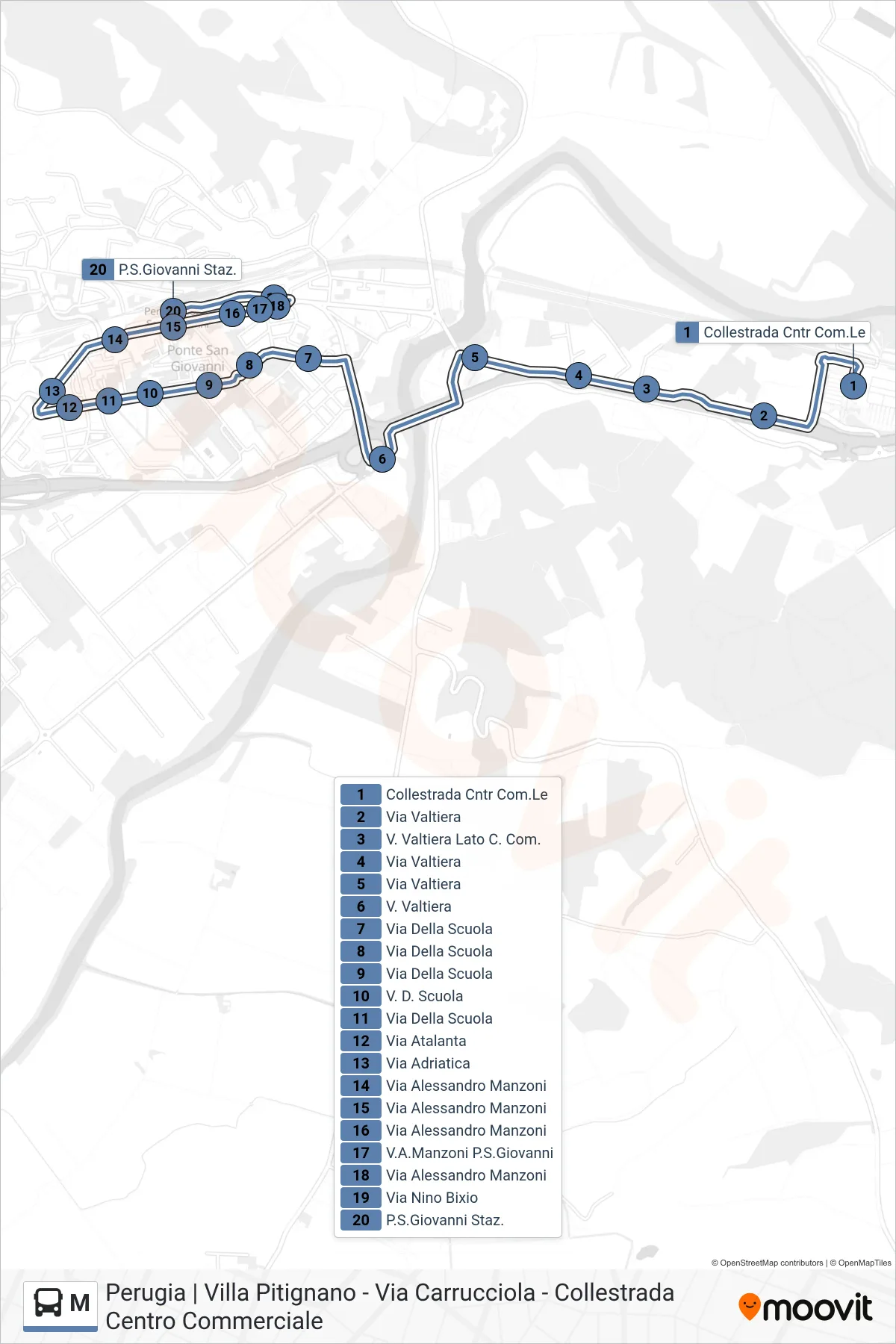 Linea M  bus (Collestrada Cntr Com.Le‎→P.S.Giovanni Staz.) - Percorsi e fermate sulla mappa