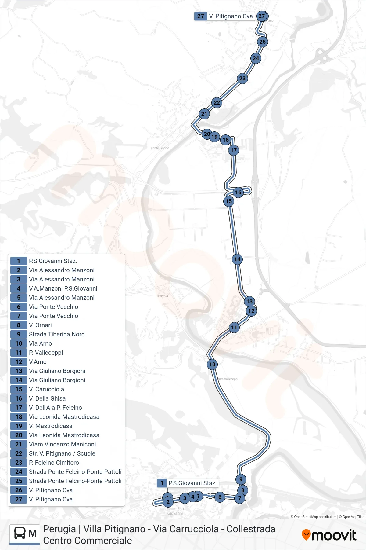 Linea M  bus (P.S.Giovanni Staz.‎→V. Pitignano Cva) - Percorsi e fermate sulla mappa