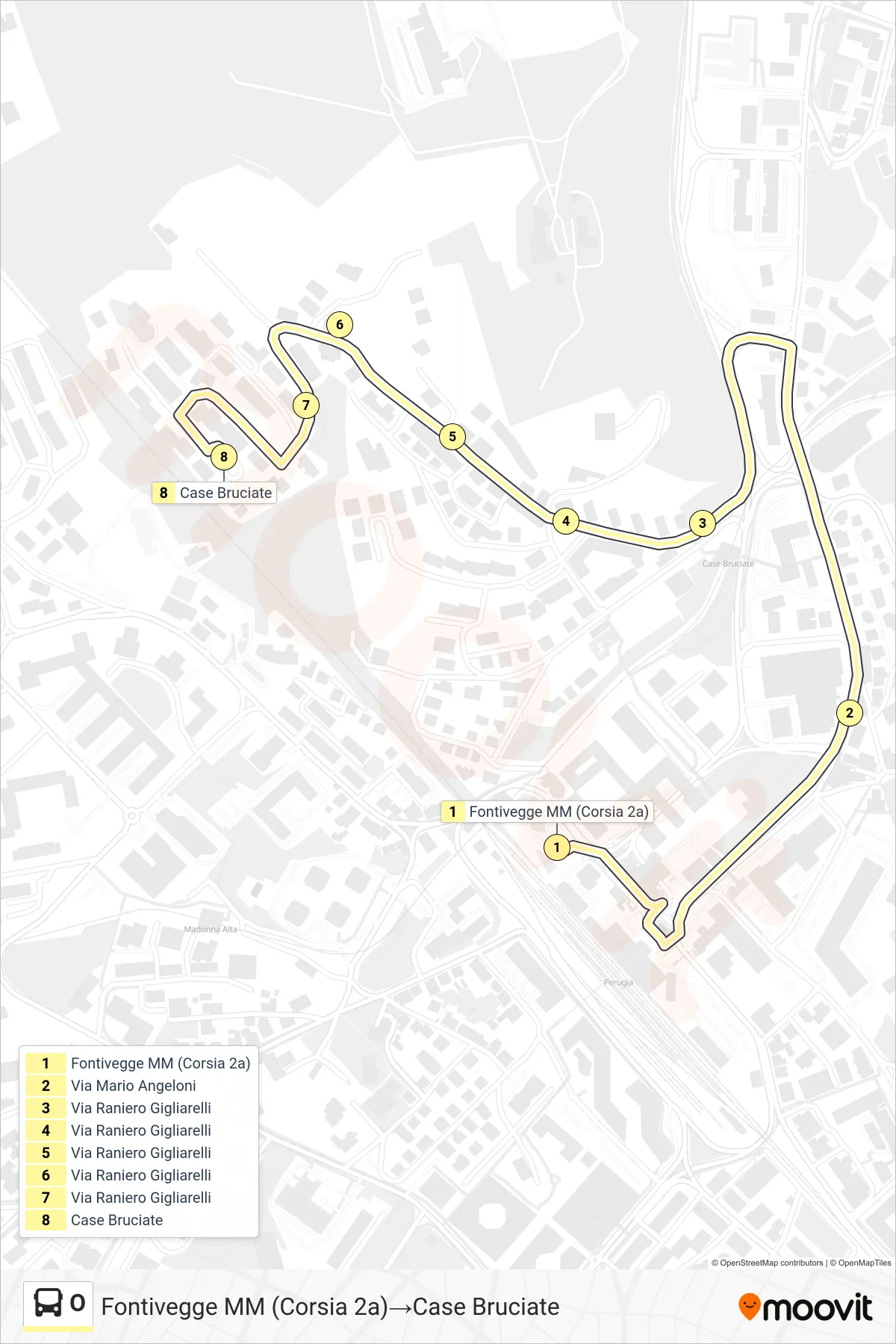 Linea O bus (Fontivegge MM (Corsia 2a)→Case Bruciate) - Percorsi e fermate sulla mappa