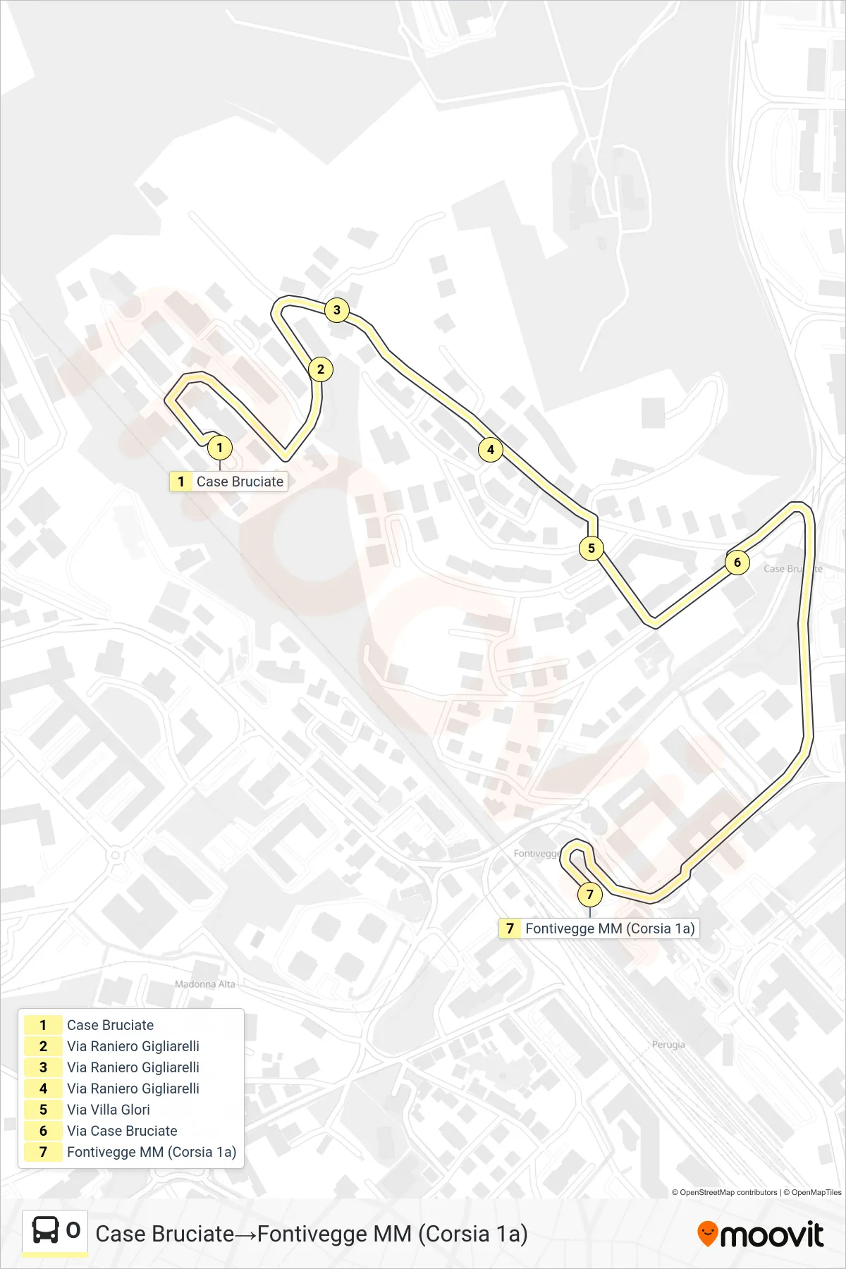 Linea O bus (Case Bruciate→Fontivegge MM (Corsia 1a)) - Percorsi e fermate sulla mappa