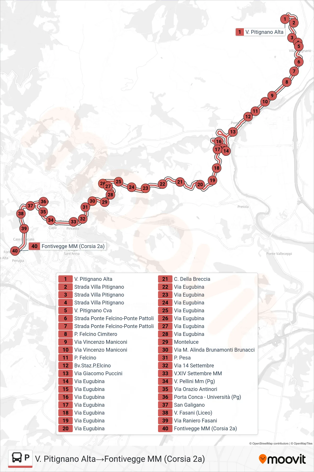 Linea P bus (V. Pitignano Alta→Fontivegge MM (Corsia 2a)) - Percorsi e fermate sulla mappa