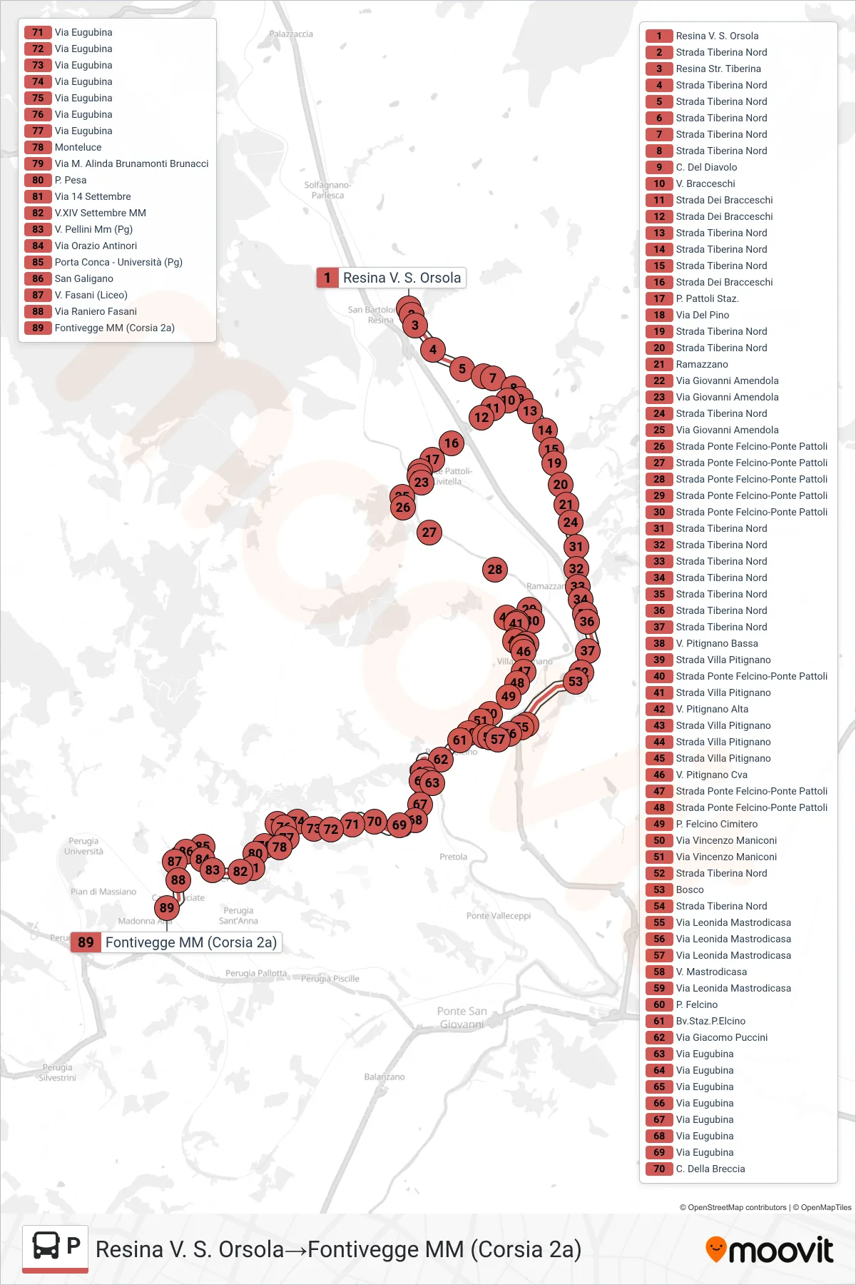 Linea P bus (Resina V. S. Orsola→Fontivegge MM (Corsia 2a)) - Percorsi e fermate sulla mappa