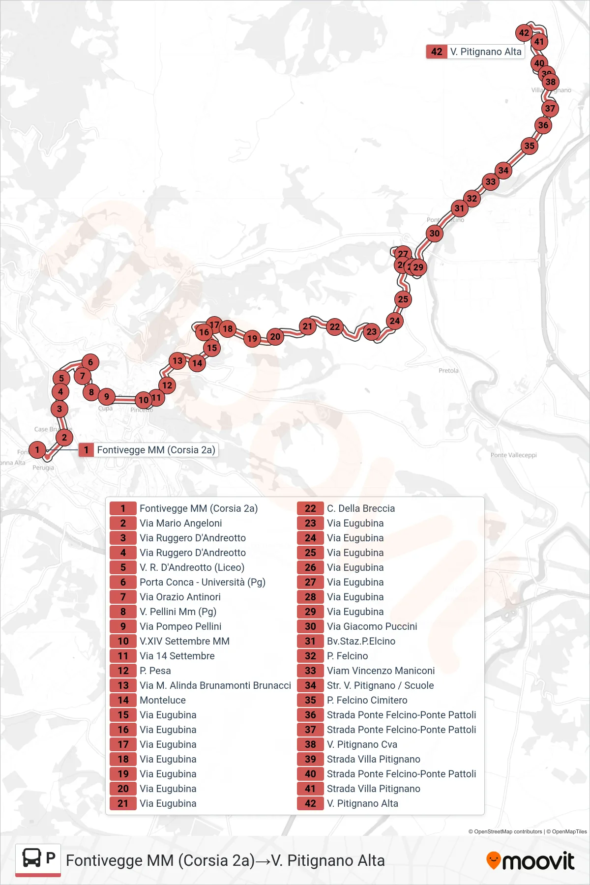 Linea P  bus (Fontivegge M​M (Corsia 2a)‎→V. Pitignano Alta) - Percorsi e fermate sulla mappa