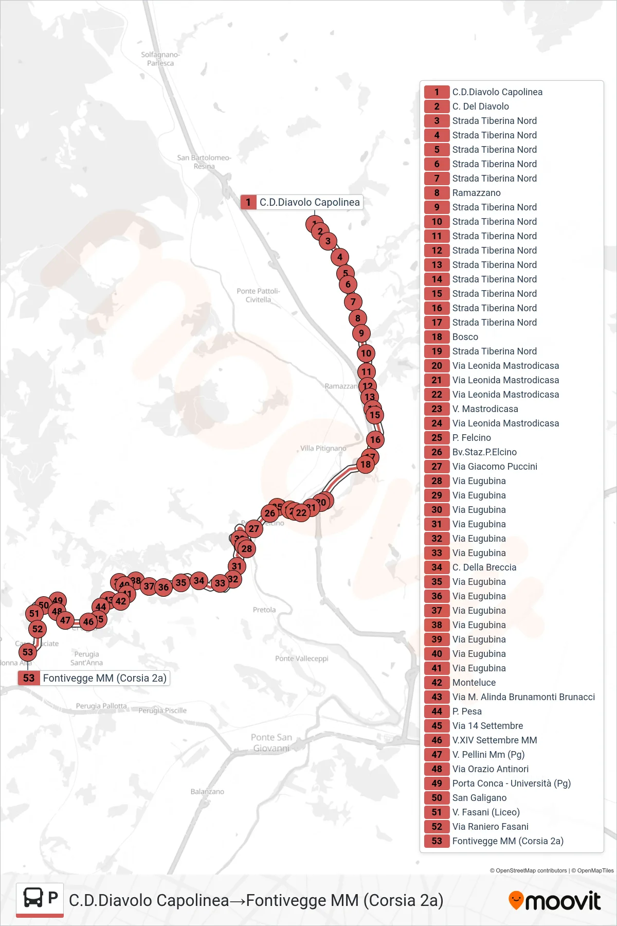 Linea P bus (C.D.Diavolo Capolinea→Fontivegge MM (Corsia 2a)) - Percorsi e fermate sulla mappa