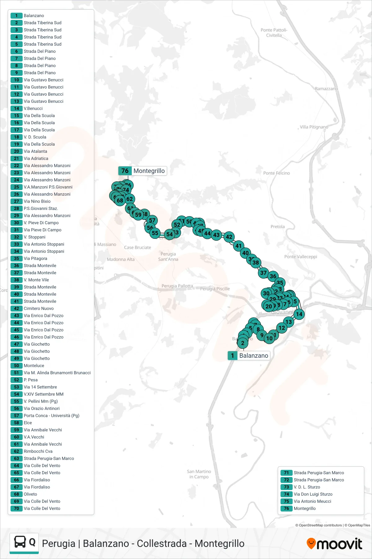Linea Q  bus (Balanzano‎→Montegrillo) - Percorsi e fermate sulla mappa