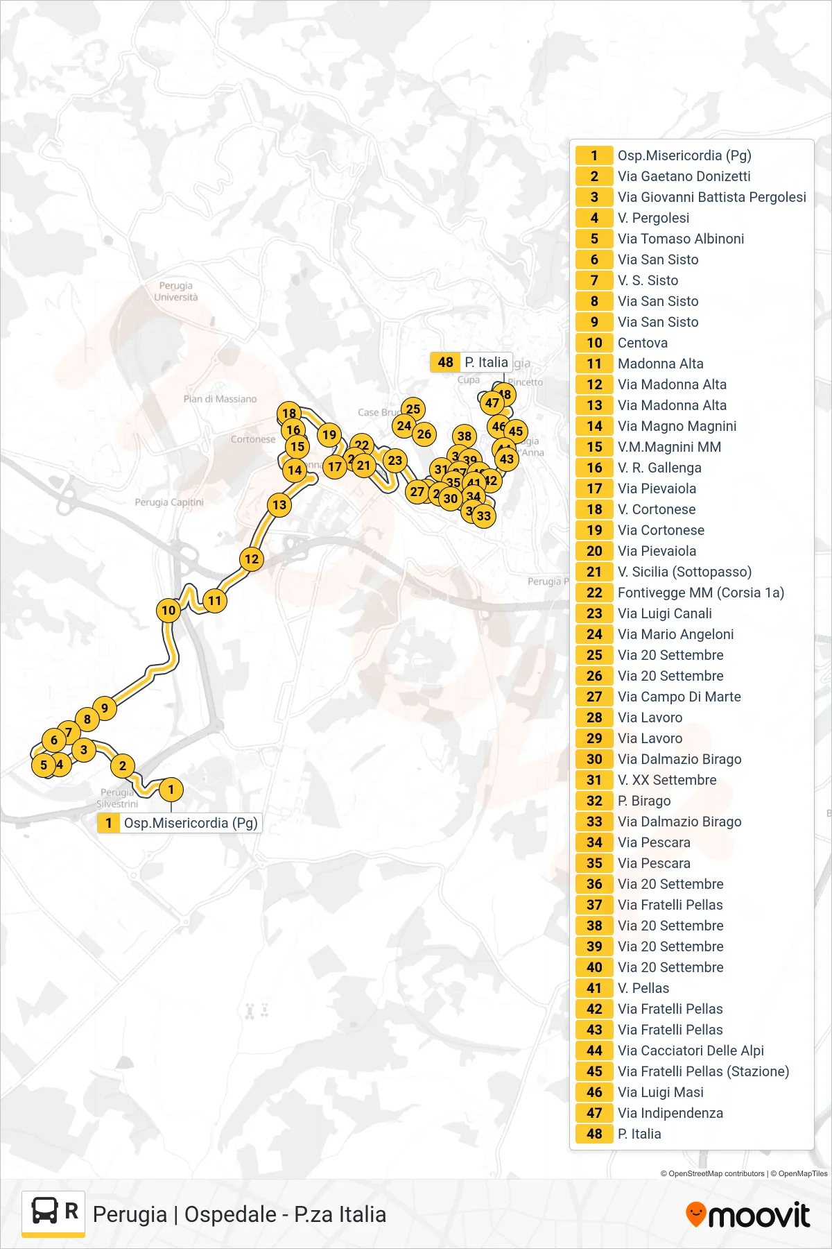 Linea R bus (Osp.Misericordia (Pg)→P. Italia) - Percorsi e fermate sulla mappa