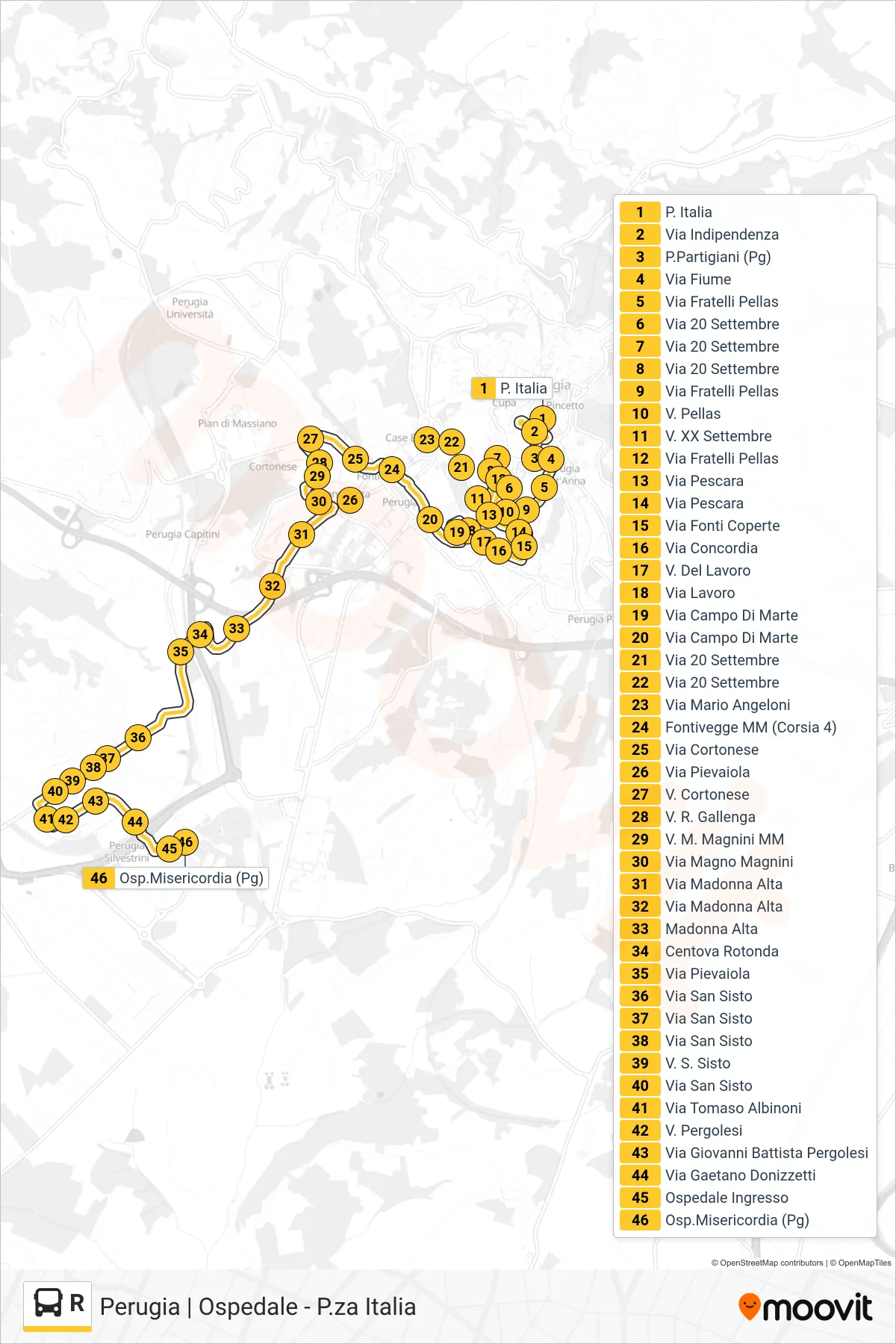 Linea R  bus (P. Italia‎→Osp.Misericordia (Pg)) - Percorsi e fermate sulla mappa