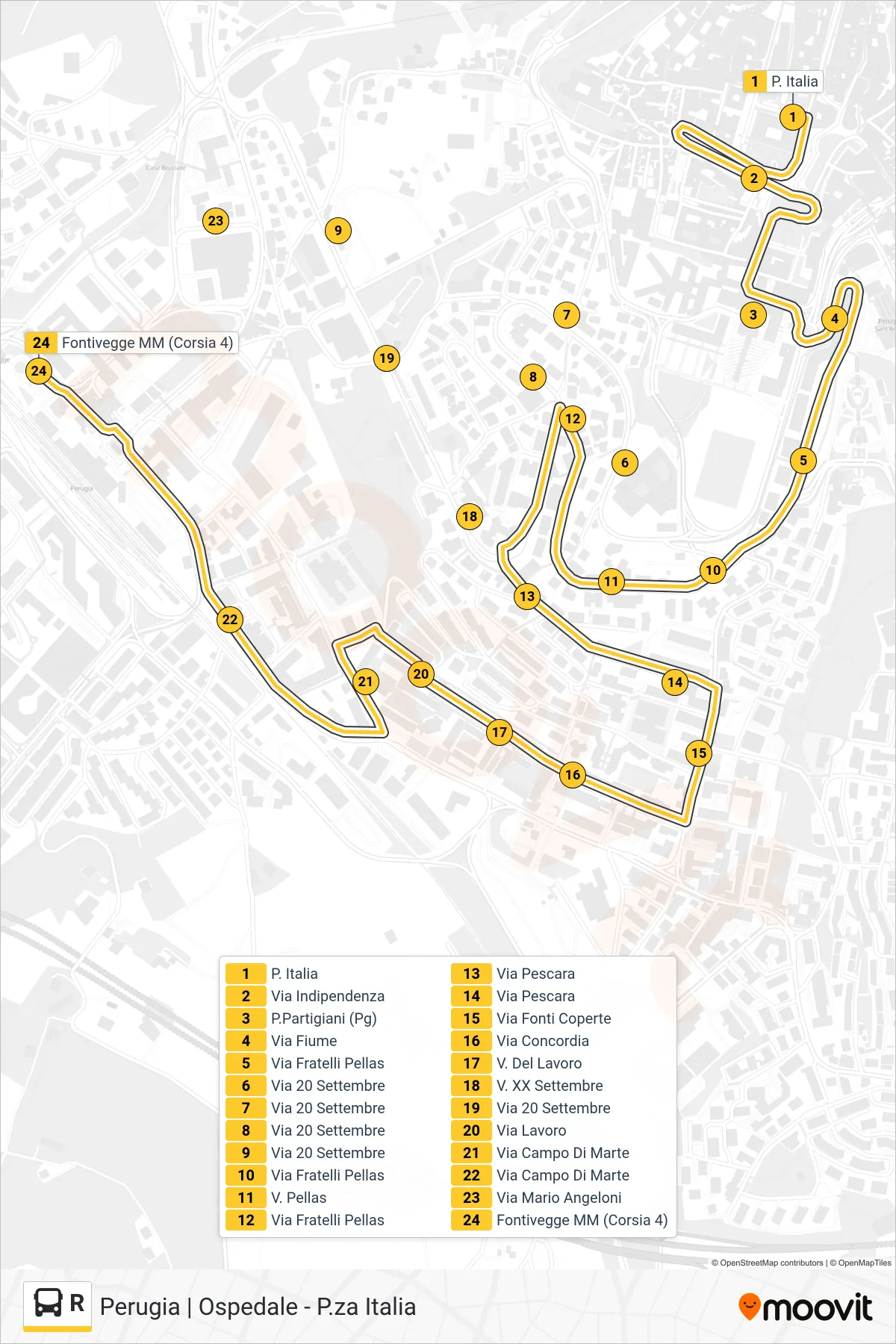 Linea R bus (P. Italia→Fontivegge MM (Corsia 4)) - Percorsi e fermate sulla mappa