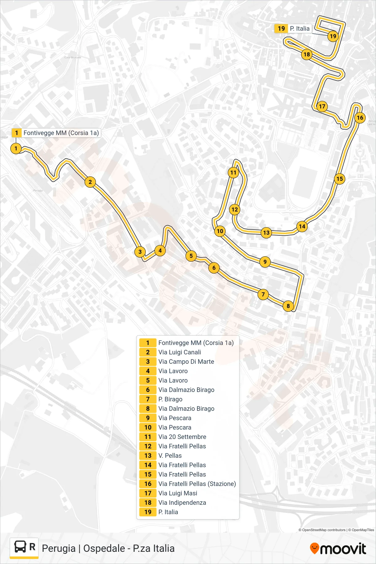 Linea R bus (Fontivegge MM (Corsia 1a)→P. Italia) - Percorsi e fermate sulla mappa