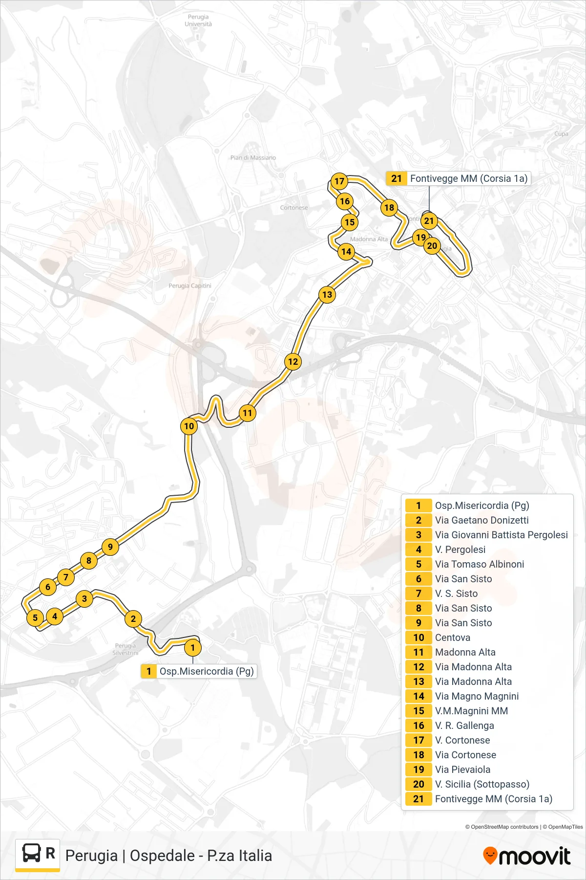 Linea R bus (Osp.Misericordia (Pg)→Fontivegge MM (Corsia 1a)) - Percorsi e fermate sulla mappa