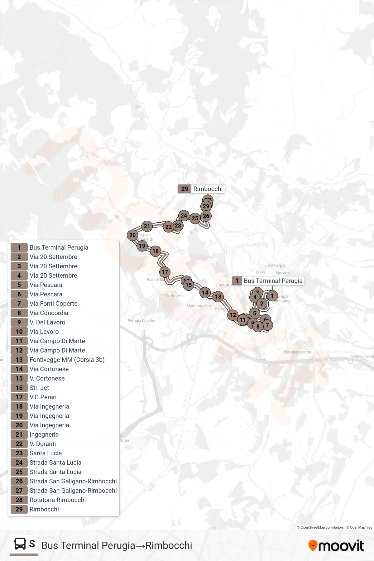 Linea S bus (Bus Terminal Perugia→Rimbocchi) - Percorsi e fermate sulla mappa