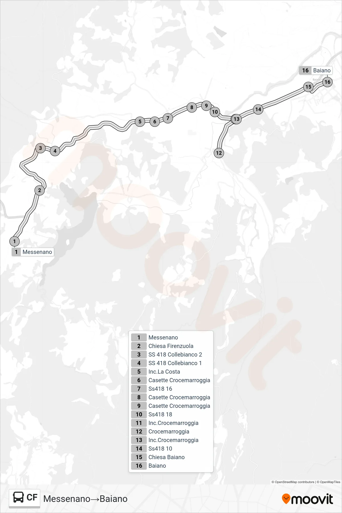 Linea CF bus (Messenano→Baiano) - Percorsi e fermate sulla mappa