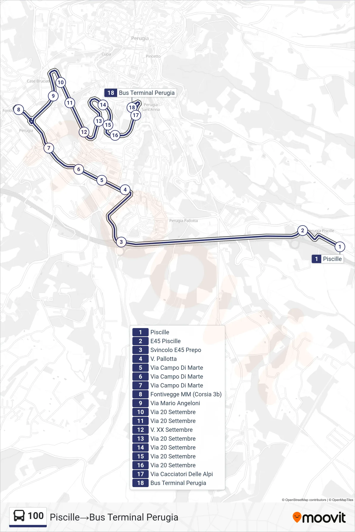 Linea 100 bus (Piscille→Bus Terminal Perugia) - Percorsi e fermate sulla mappa