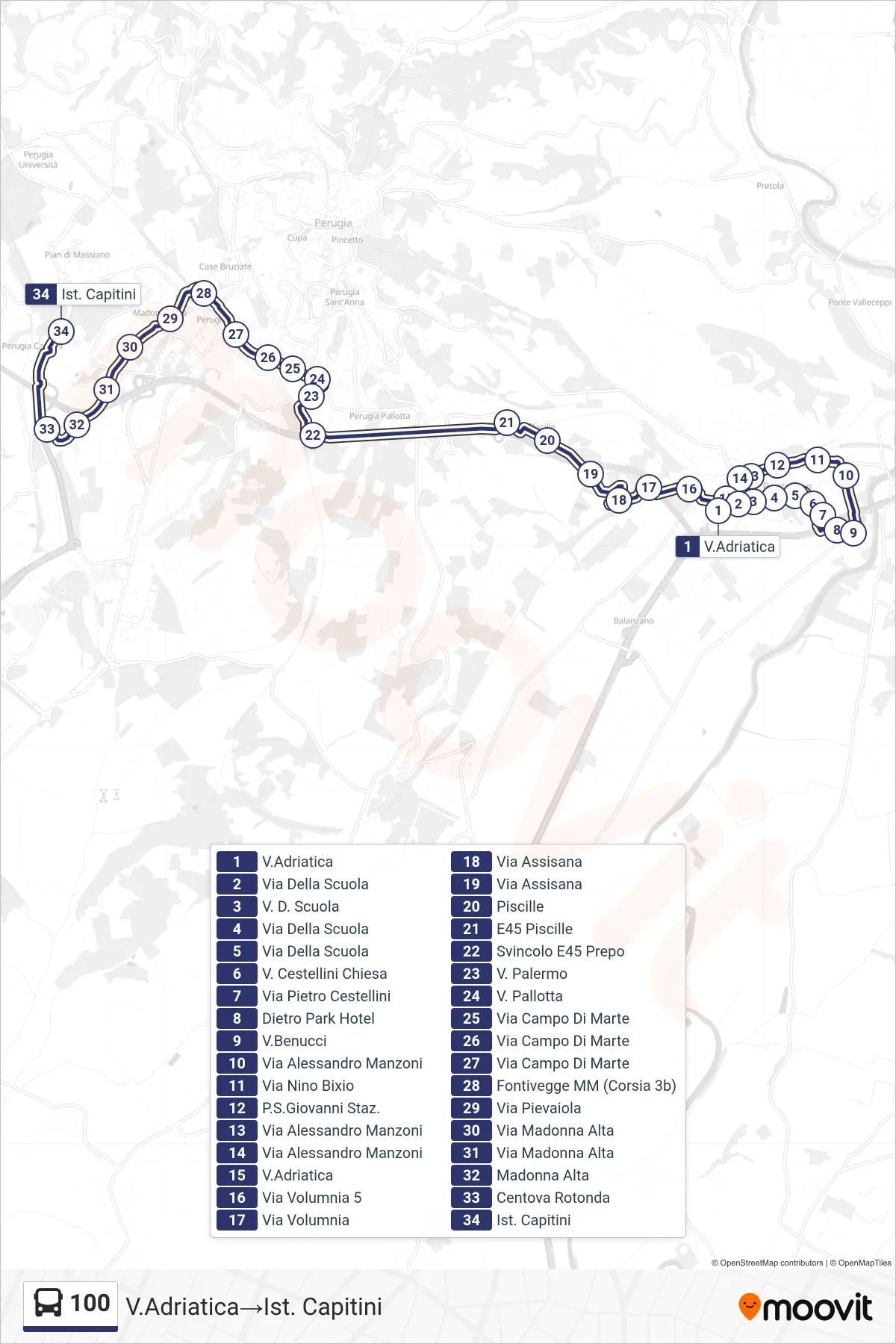 Linea 100  bus (V.Adriatica‎→Ist. Capitini) - Percorsi e fermate sulla mappa