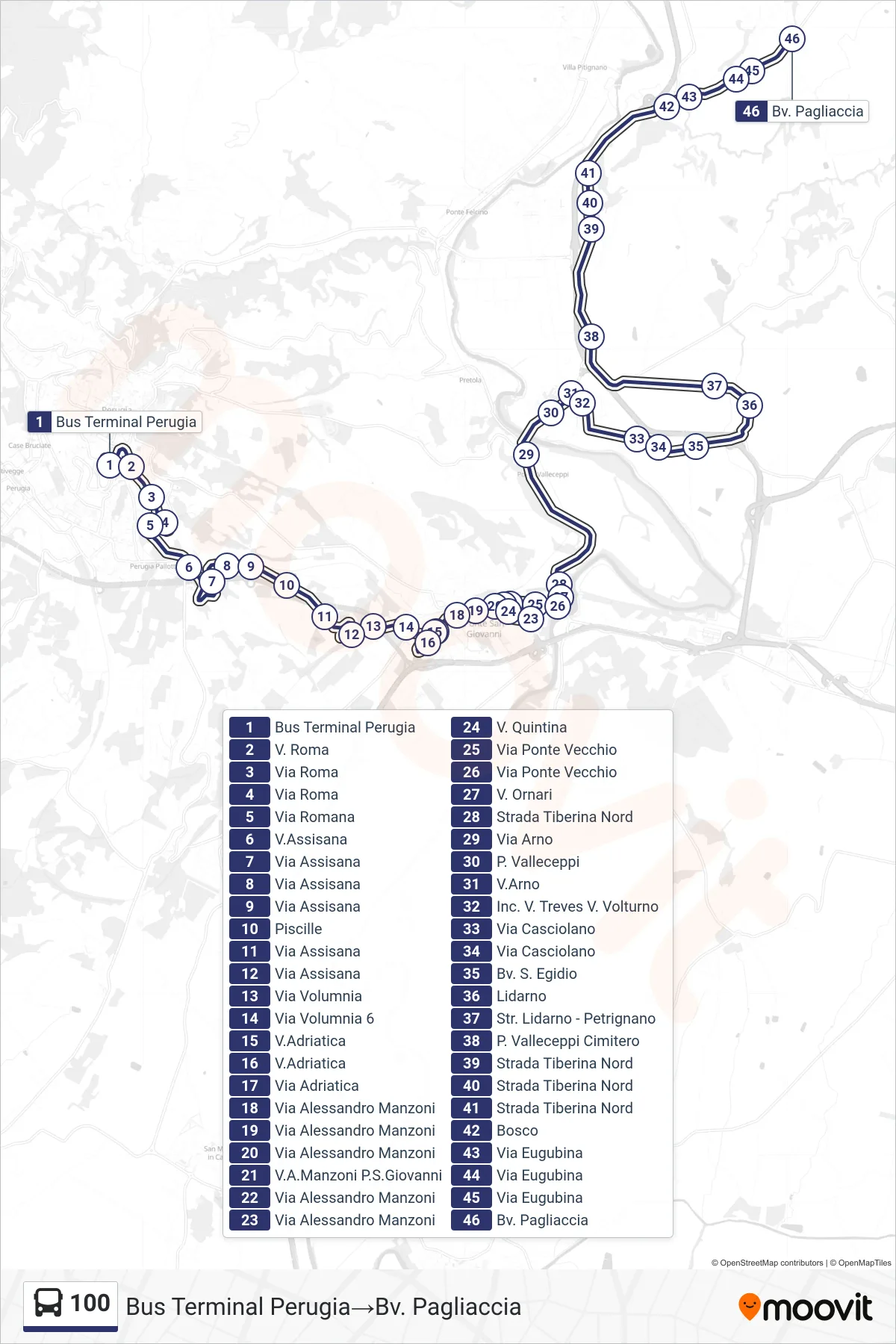 Linea 100 bus (Bus Terminal Perugia→Bv. Pagliaccia) - Percorsi e fermate sulla mappa