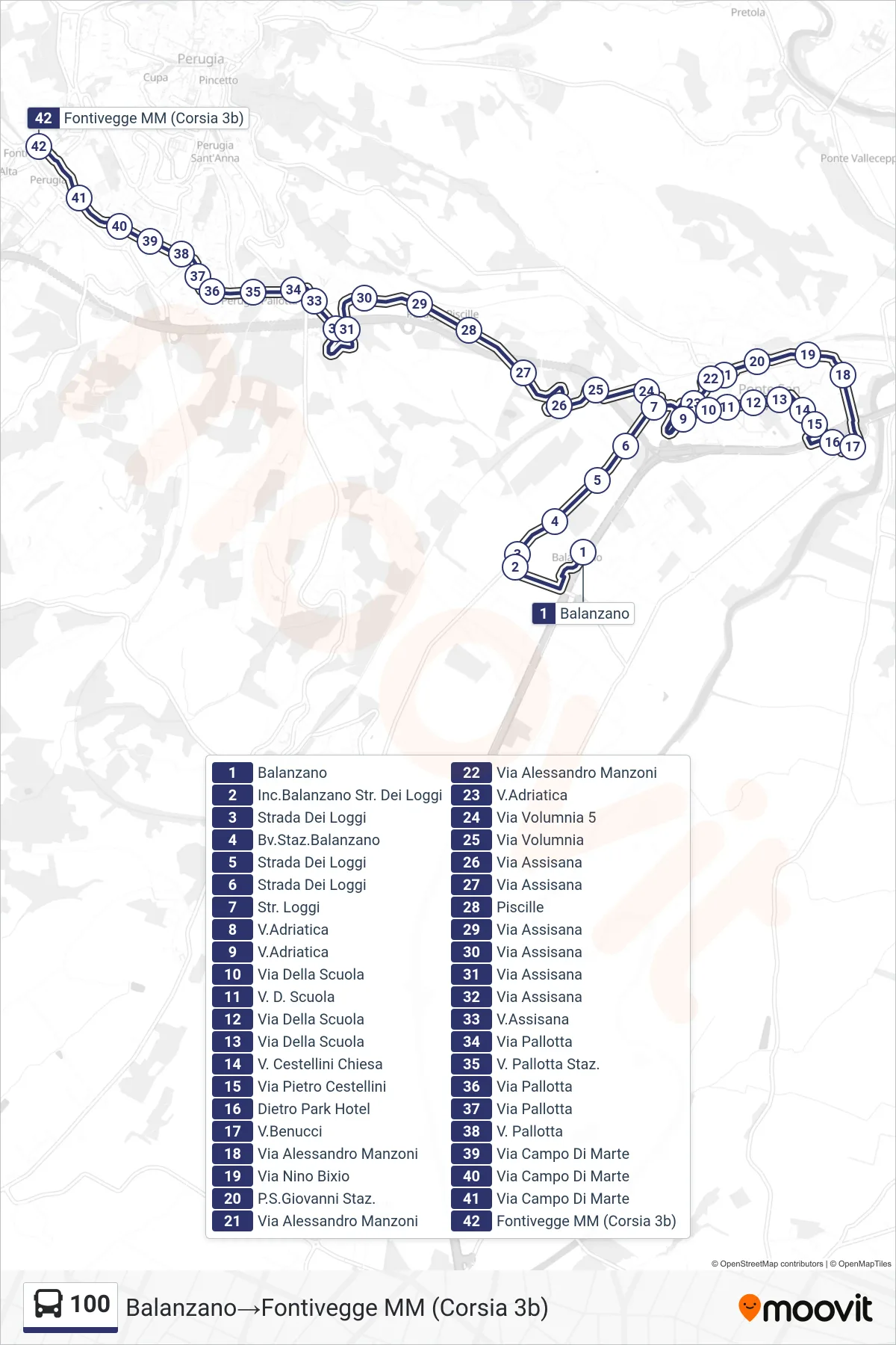 Linea 100 bus (Balanzano→Fontivegge MM (Corsia 3b)) - Percorsi e fermate sulla mappa