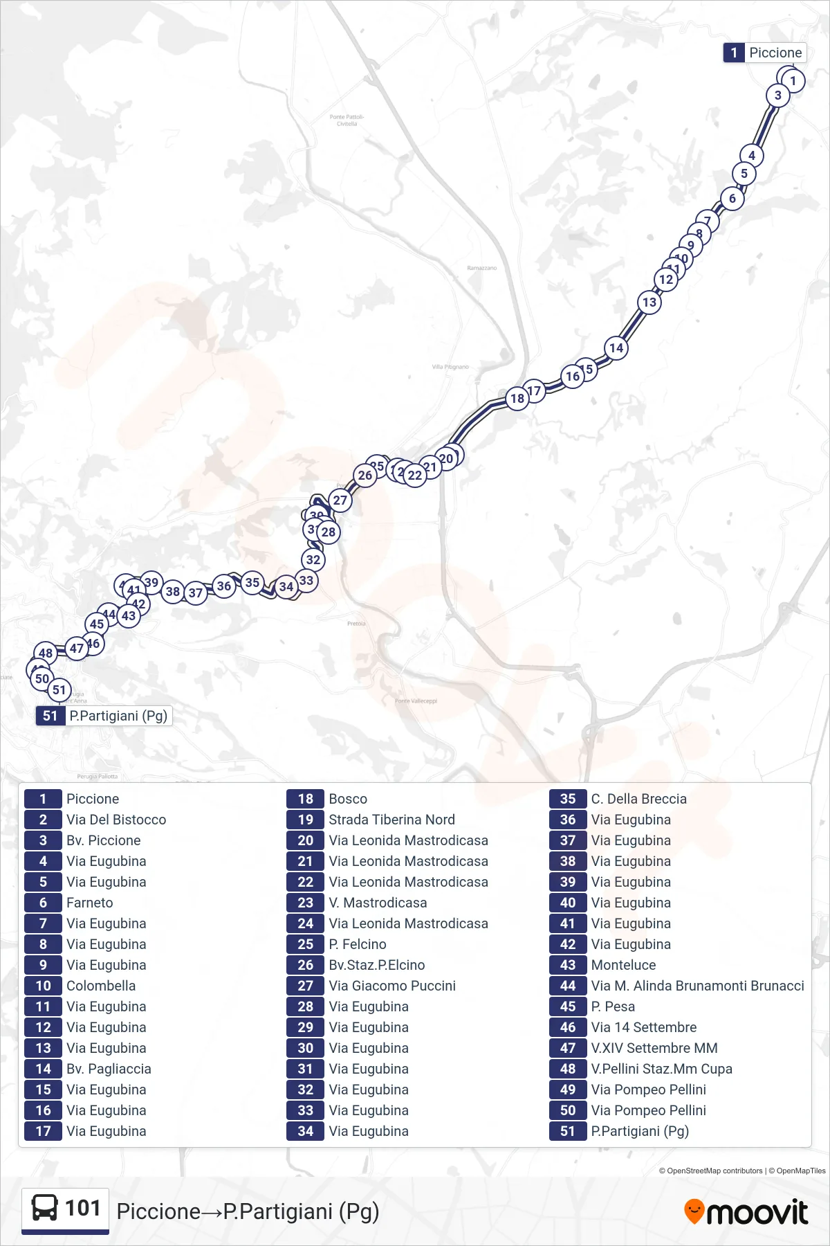 Linea 101 bus (Piccione→P.Partigiani (Pg)) - Percorsi e fermate sulla mappa