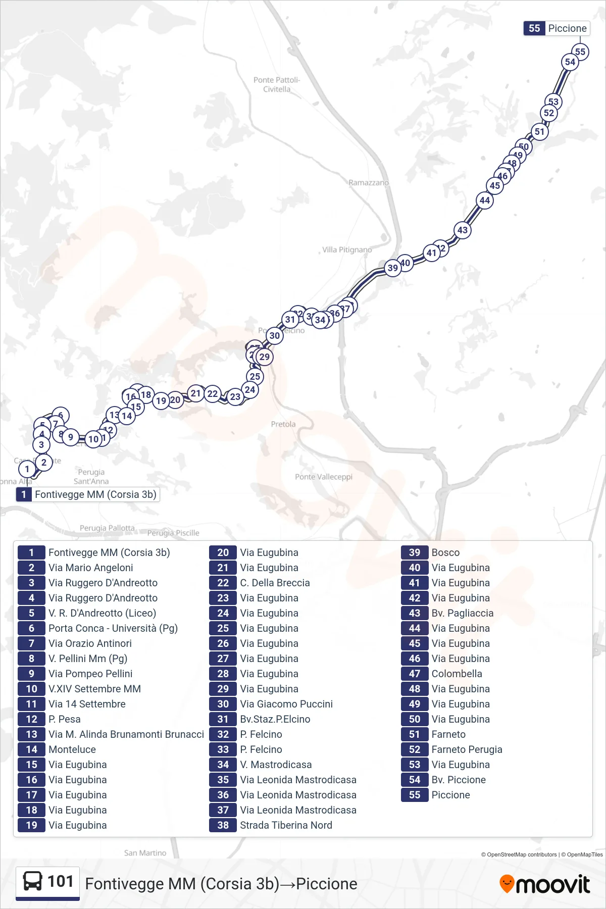 Linea 101 bus (Fontivegge MM (Corsia 3b)→Piccione) - Percorsi e fermate sulla mappa