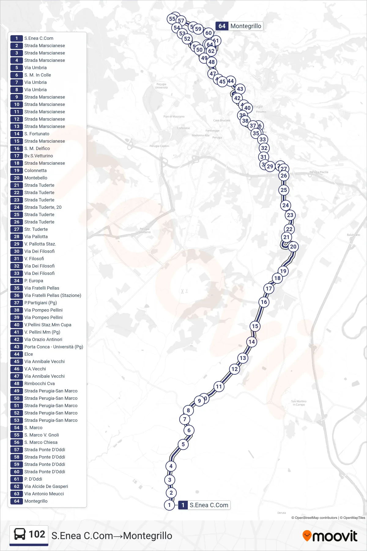Linea 102  bus (S.Enea C.Com‎→Montegrillo) - Percorsi e fermate sulla mappa