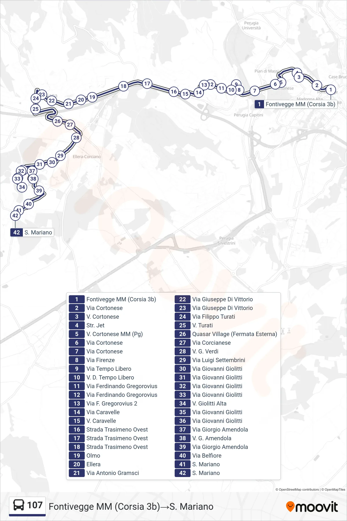 Linea 107  bus (Fontivegge M​M (Corsia 3b)‎→S. Mariano) - Percorsi e fermate sulla mappa