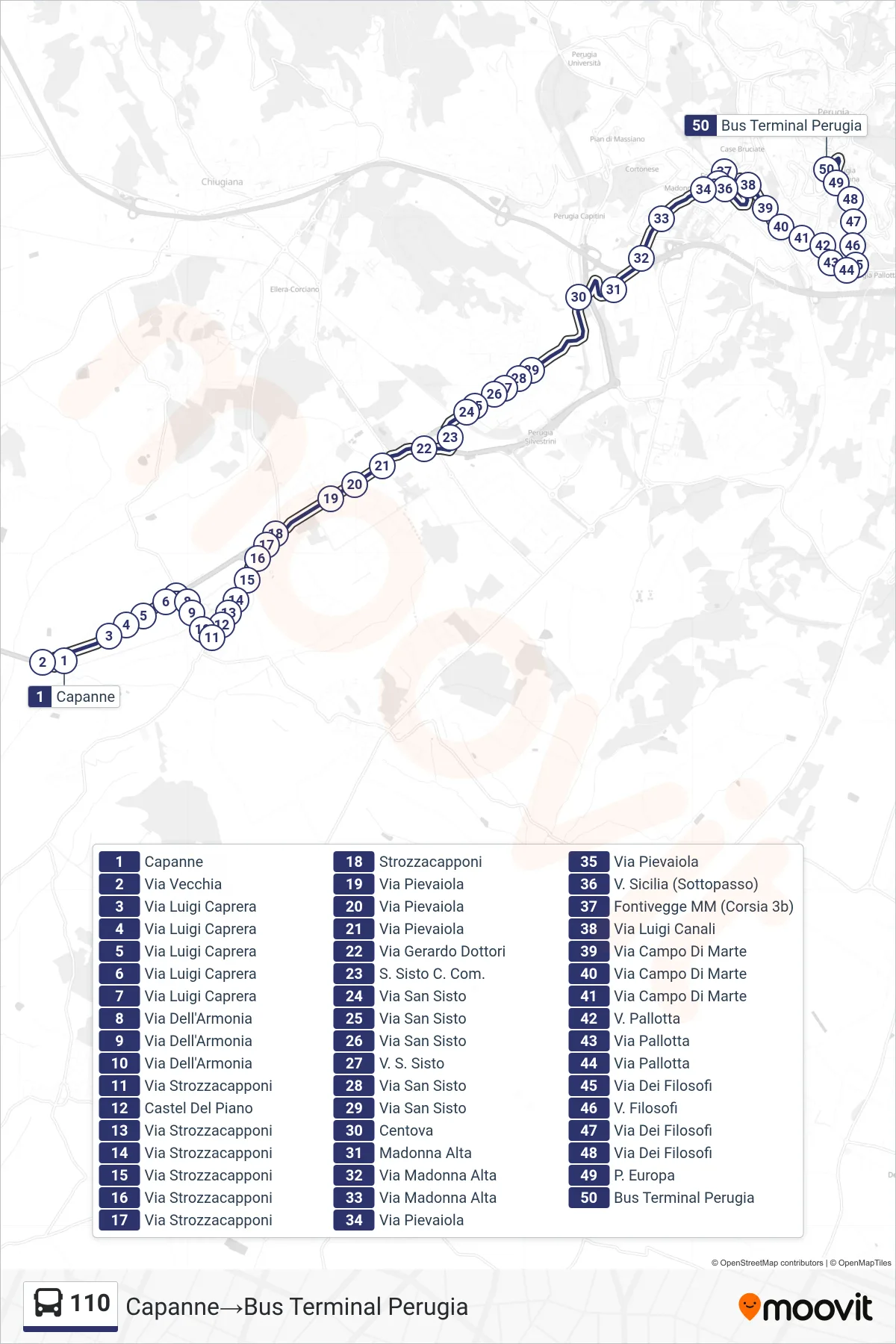 Linea 110 bus (Capanne→Bus Terminal Perugia) - Percorsi e fermate sulla mappa
