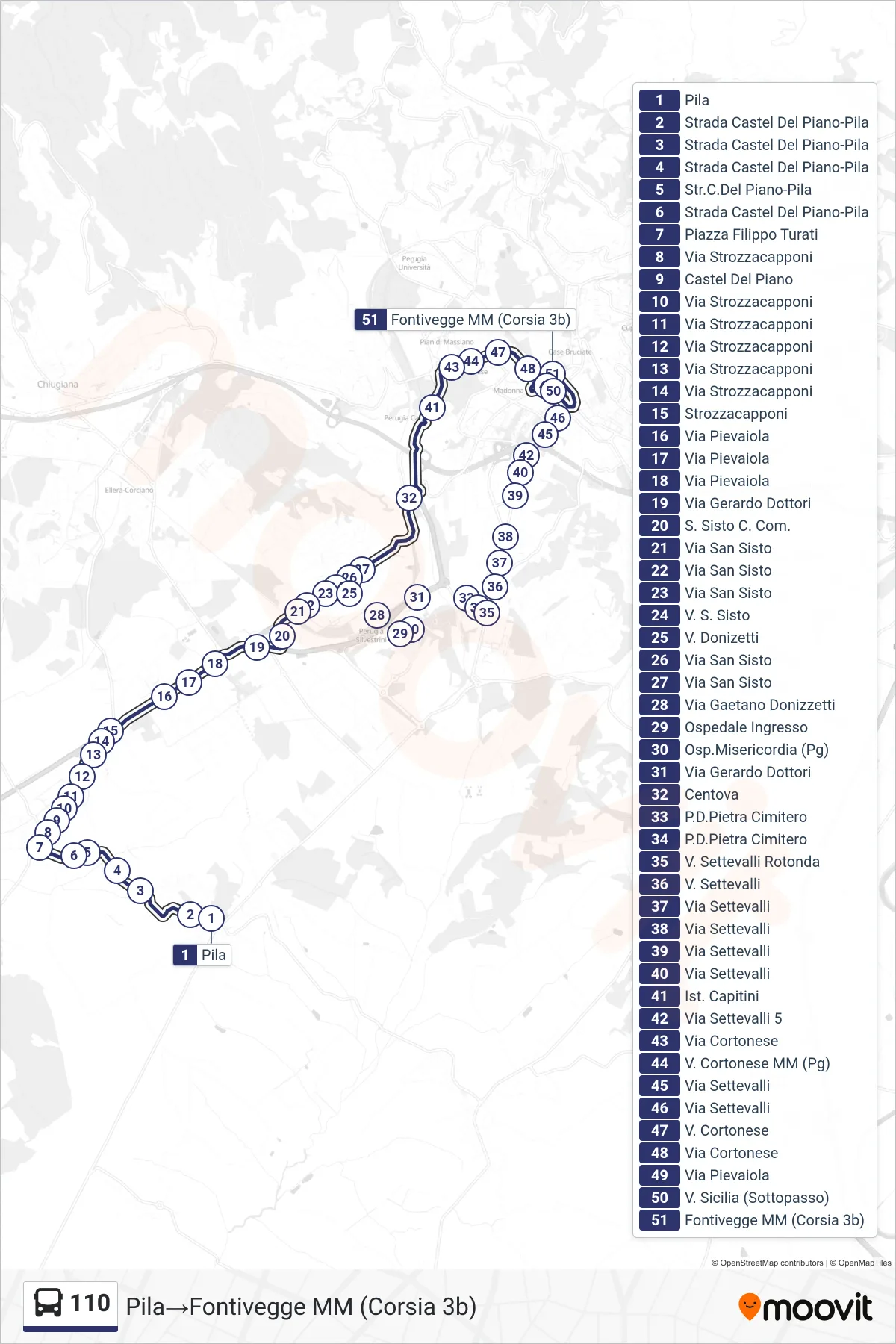 Linea 110 bus (Pila→Fontivegge MM (Corsia 3b)) - Percorsi e fermate sulla mappa