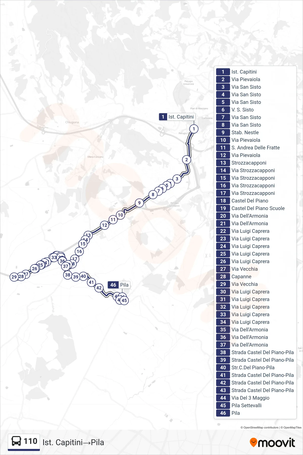 Linea 110  bus (Ist. Capitini‎→Pila) - Percorsi e fermate sulla mappa