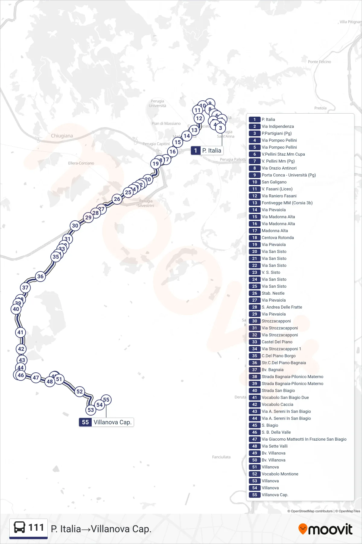 Linea 111 bus (P. Italia→Villanova Cap.) - Percorsi e fermate sulla mappa
