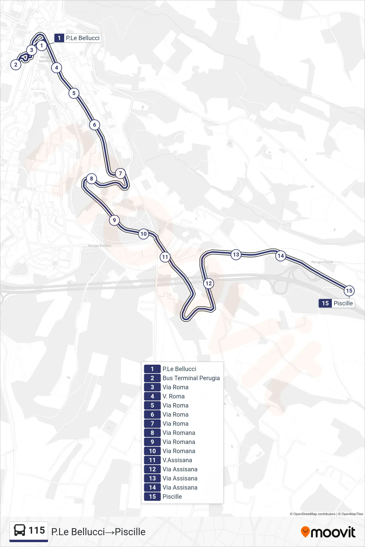 Linea 115 bus (P.Le Bellucci→Piscille) - Percorsi e fermate sulla mappa