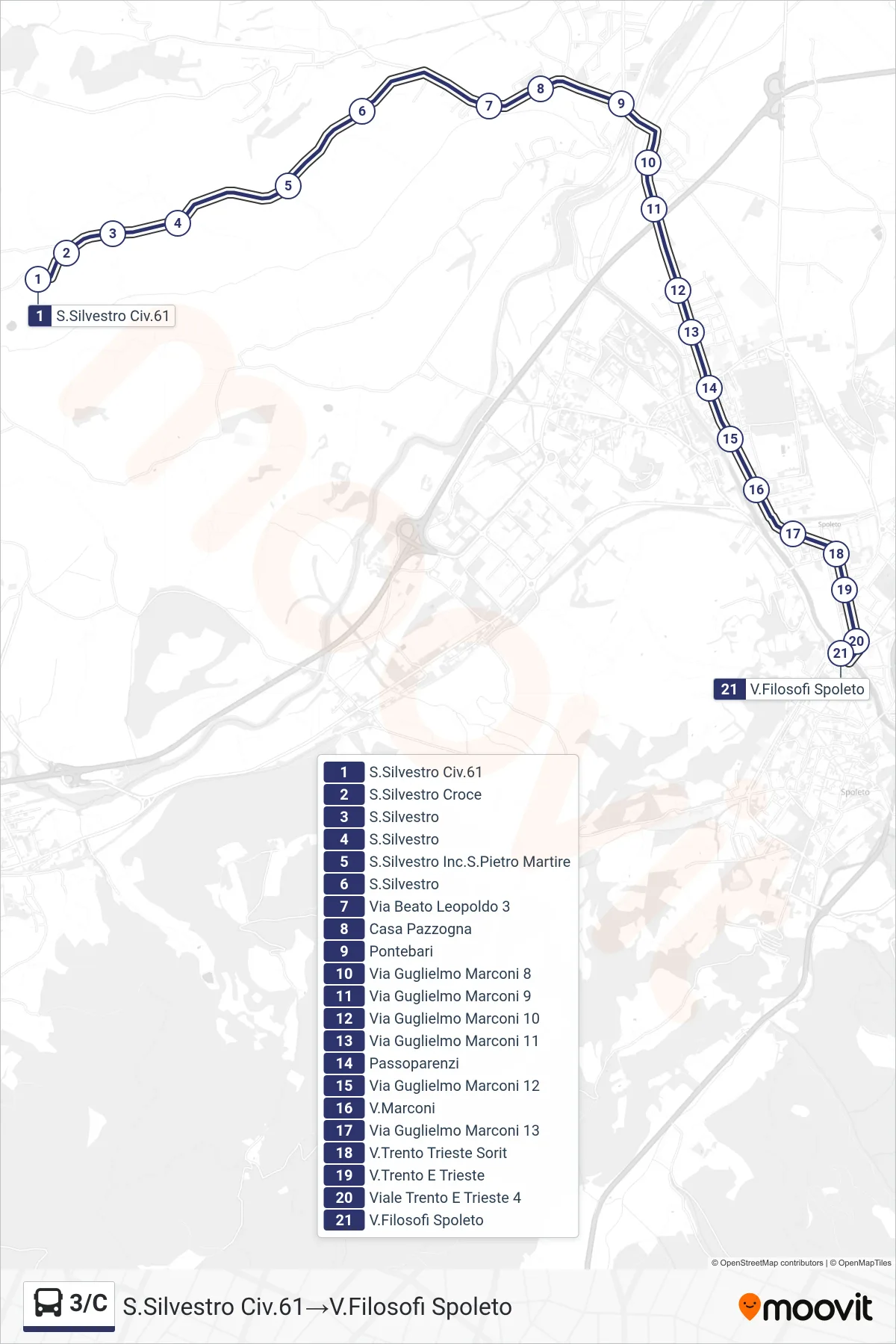 Linea 3/C  bus (S.Silvestro Civ.61‎→V.Filosofi Spoleto) - Percorsi e fermate sulla mappa