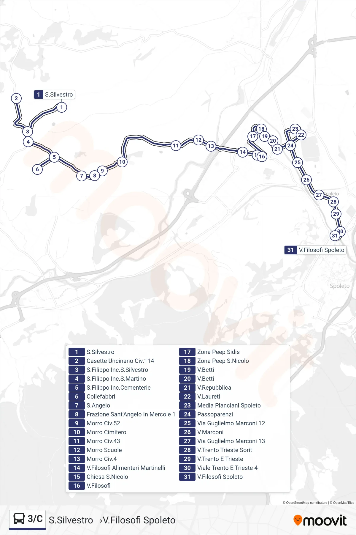 Linea 3/C  bus (S.Silvestro‎→V.Filosofi Spoleto) - Percorsi e fermate sulla mappa