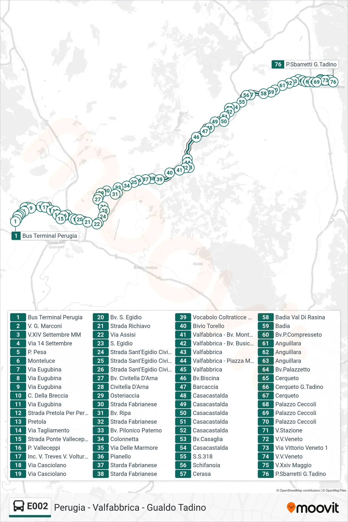 E002 bus Line (Perugia Bus Terminal→P.Sbarretti G.Tadino) route and stops on a map