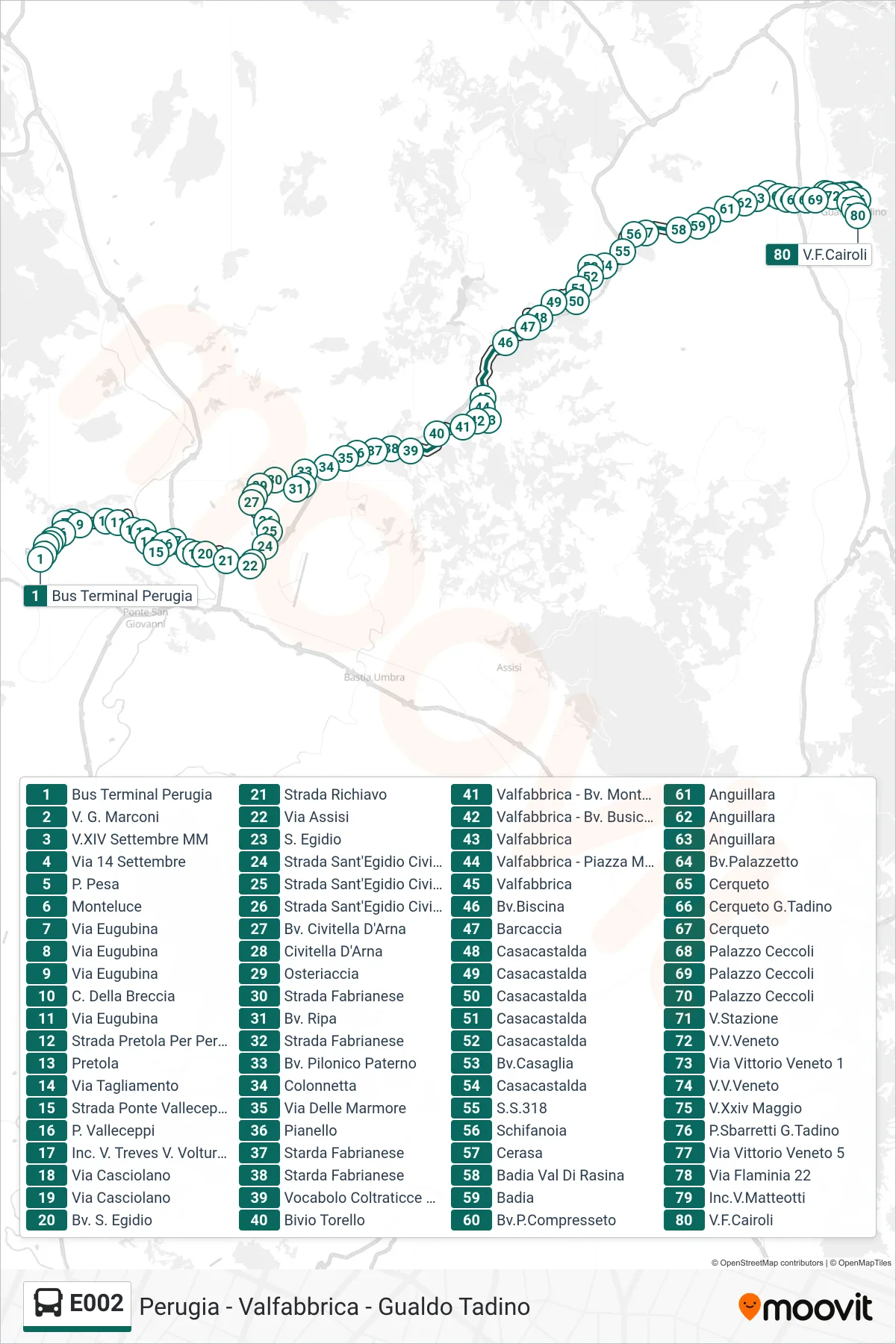 E002 bus Line (Perugia Bus Terminal→Via F. Cairoli) route and stops on a map