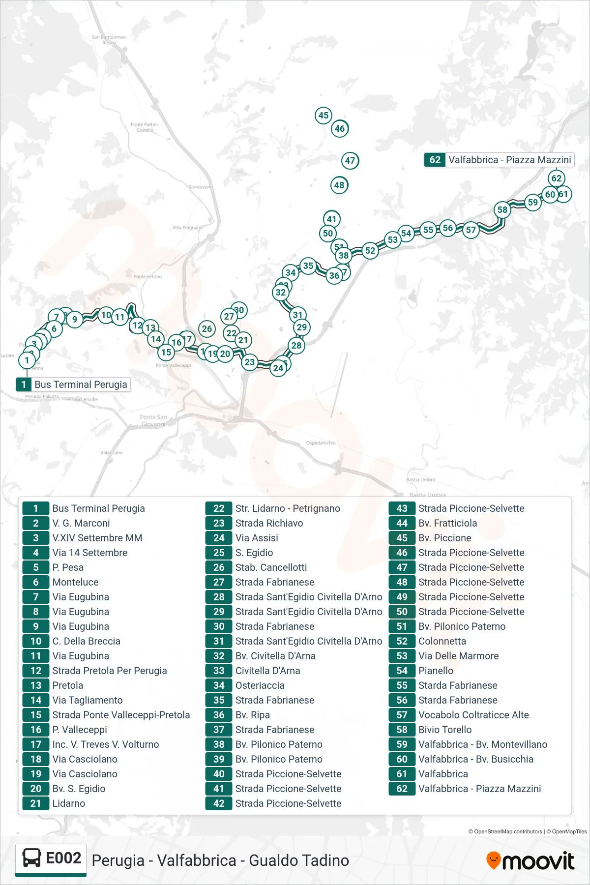 Linea E002  bus (Bus Terminal Perugia‎→Valfabbrica - Piazza Mazzini) - Percorsi e fermate sulla mappa