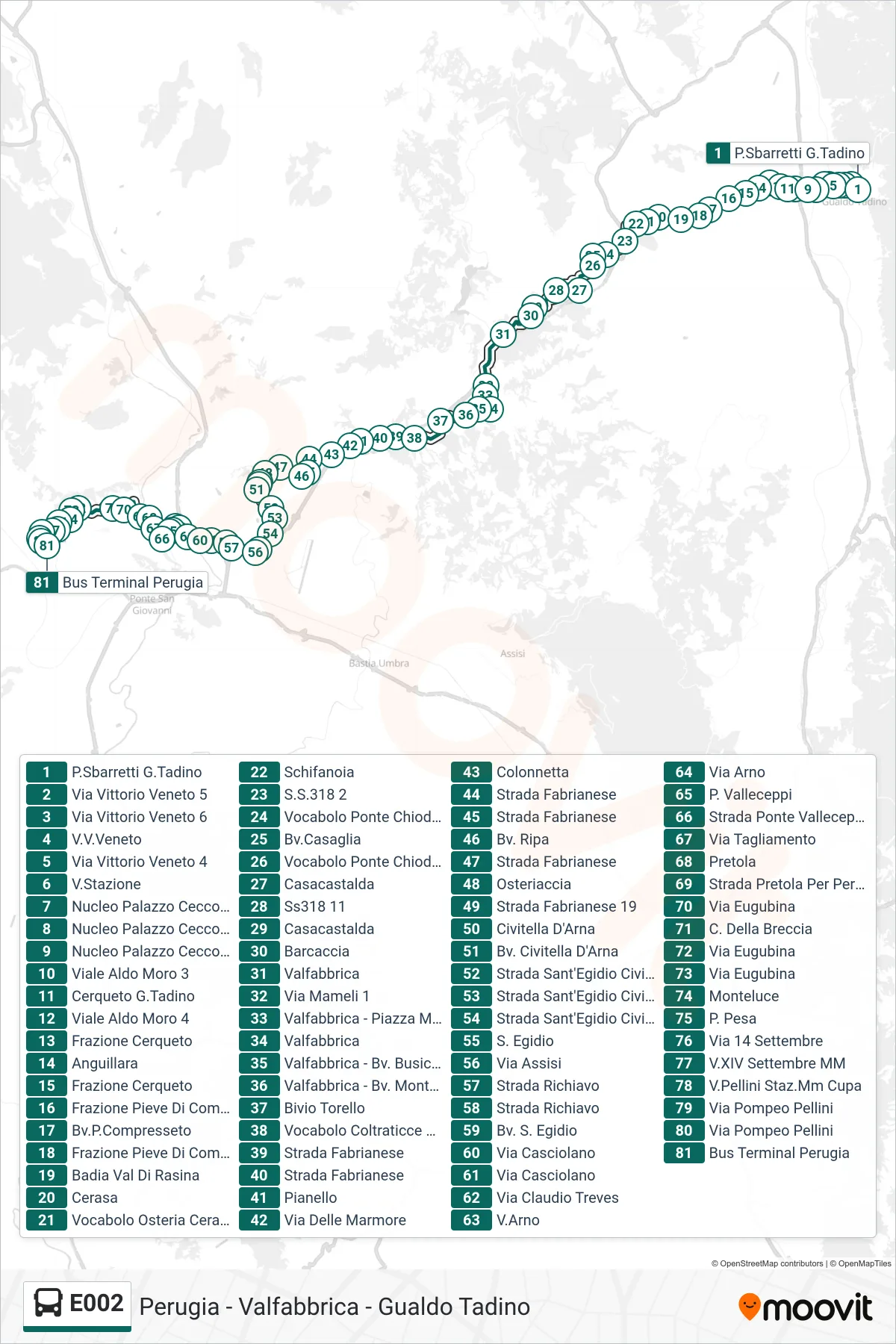 Linea E002  bus (P.Sbarretti G.Tadino‎→Bus Terminal Perugia) - Percorsi e fermate sulla mappa