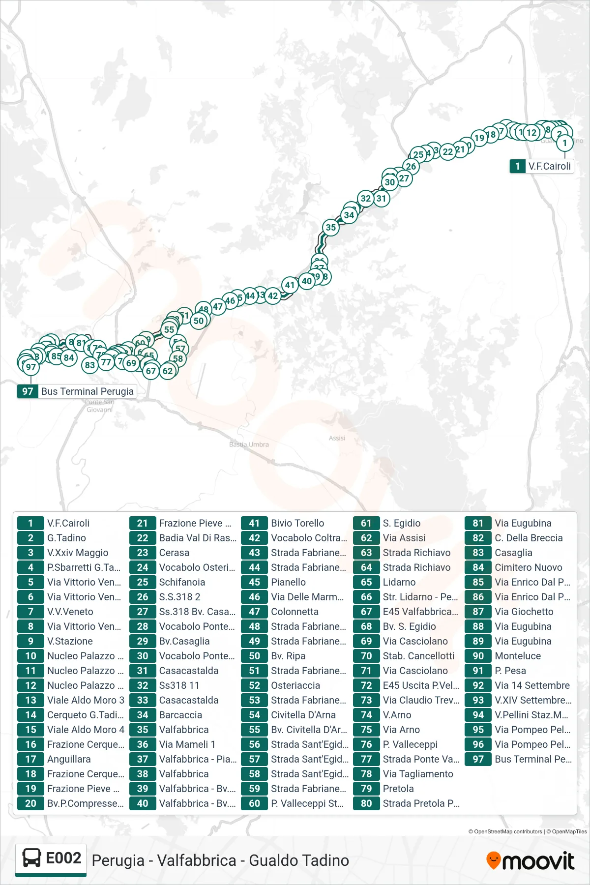 Linea E002  bus (V.F.Cairoli‎→Bus Terminal Perugia) - Percorsi e fermate sulla mappa