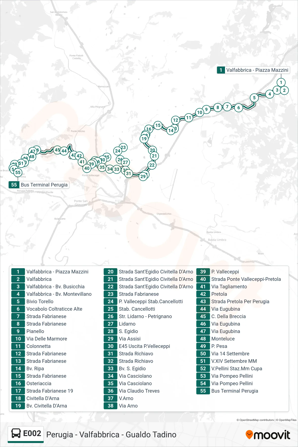 Linea E002 bus (Valfabbrica - Piazza Mazzini→Bus Terminal Perugia) - Percorsi e fermate sulla mappa