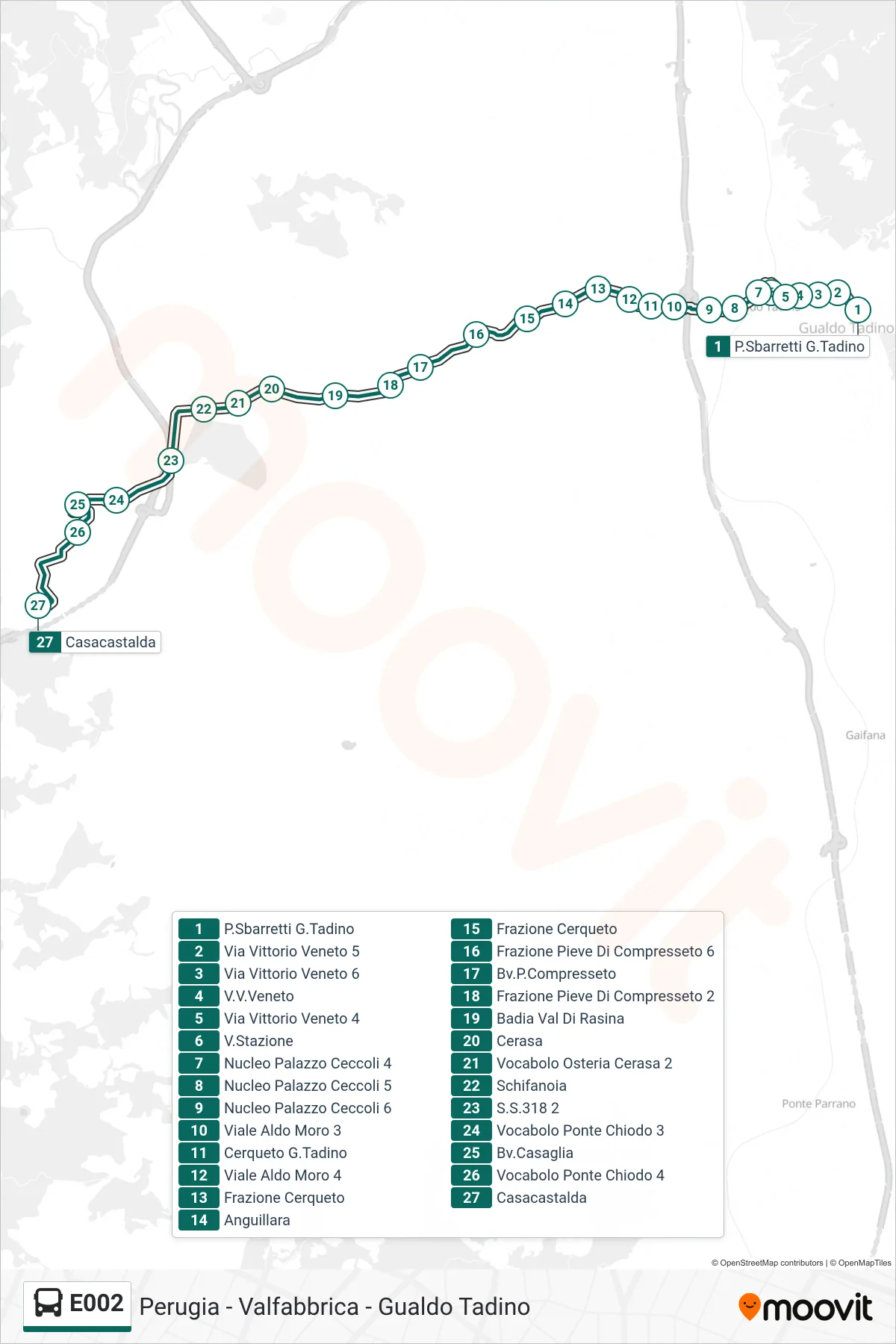 Linea E002 bus (P.Sbarretti G.Tadino→Casacastalda) - Percorsi e fermate sulla mappa