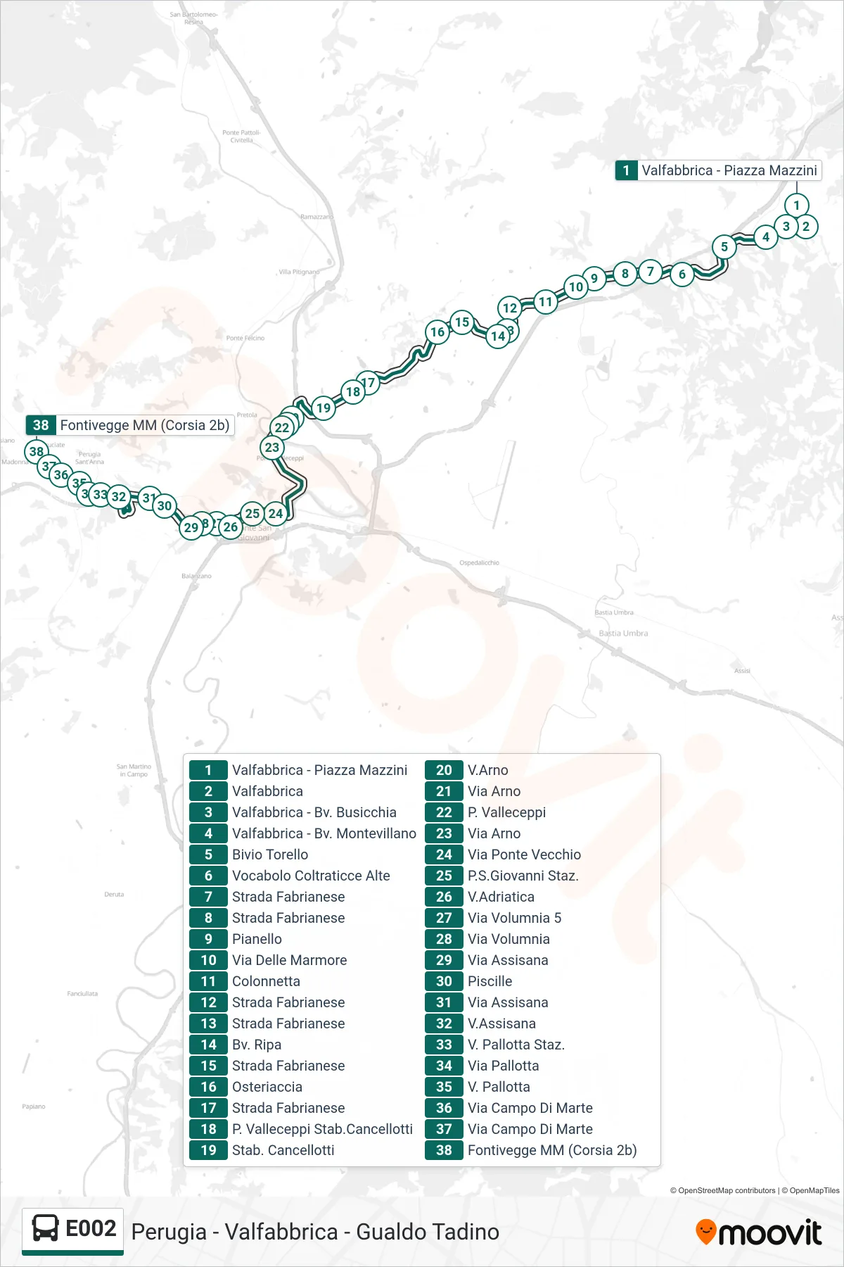 Linea E002 bus (Valfabbrica - Piazza Mazzini→Fontivegge MM (Corsia 2b)) - Percorsi e fermate sulla mappa