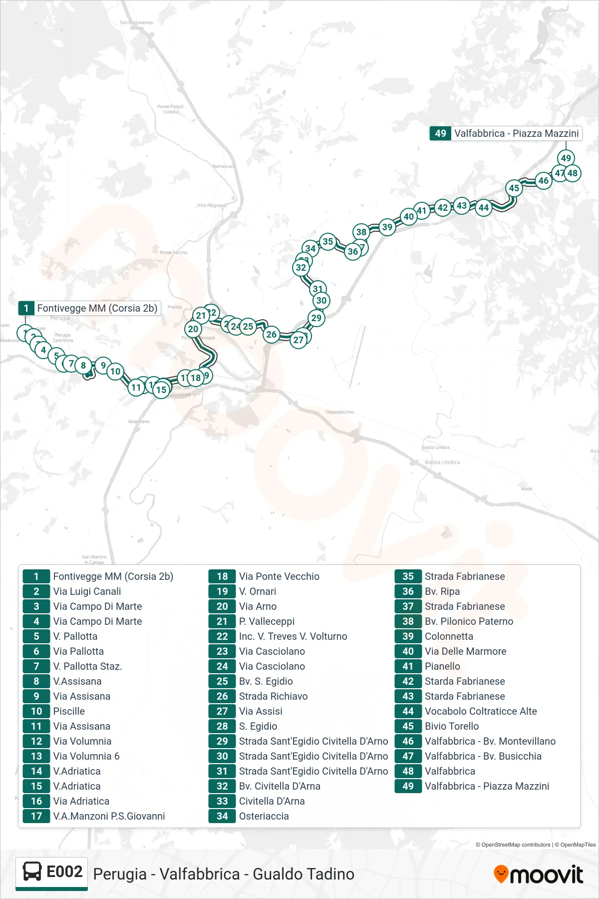 Linea E002 bus (Fontivegge MM (Corsia 2b)→Valfabbrica - Piazza Mazzini) - Percorsi e fermate sulla mappa