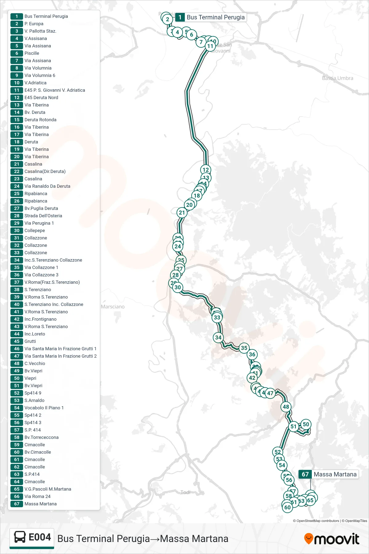 Linea E004 bus (Bus Terminal Perugia→Massa Martana) - Percorsi e fermate sulla mappa