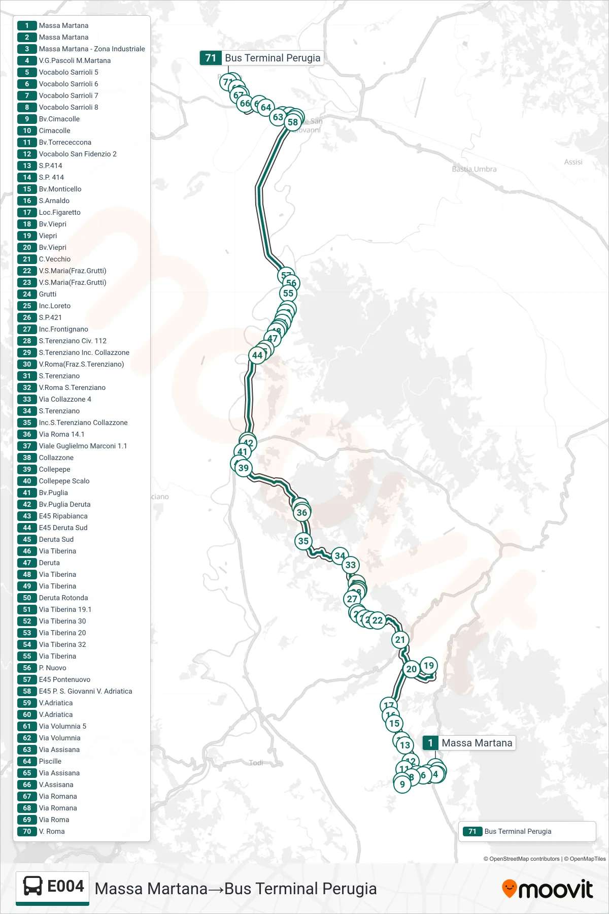 Linea E004 bus (Massa Martana→Bus Terminal Perugia) - Percorsi e fermate sulla mappa