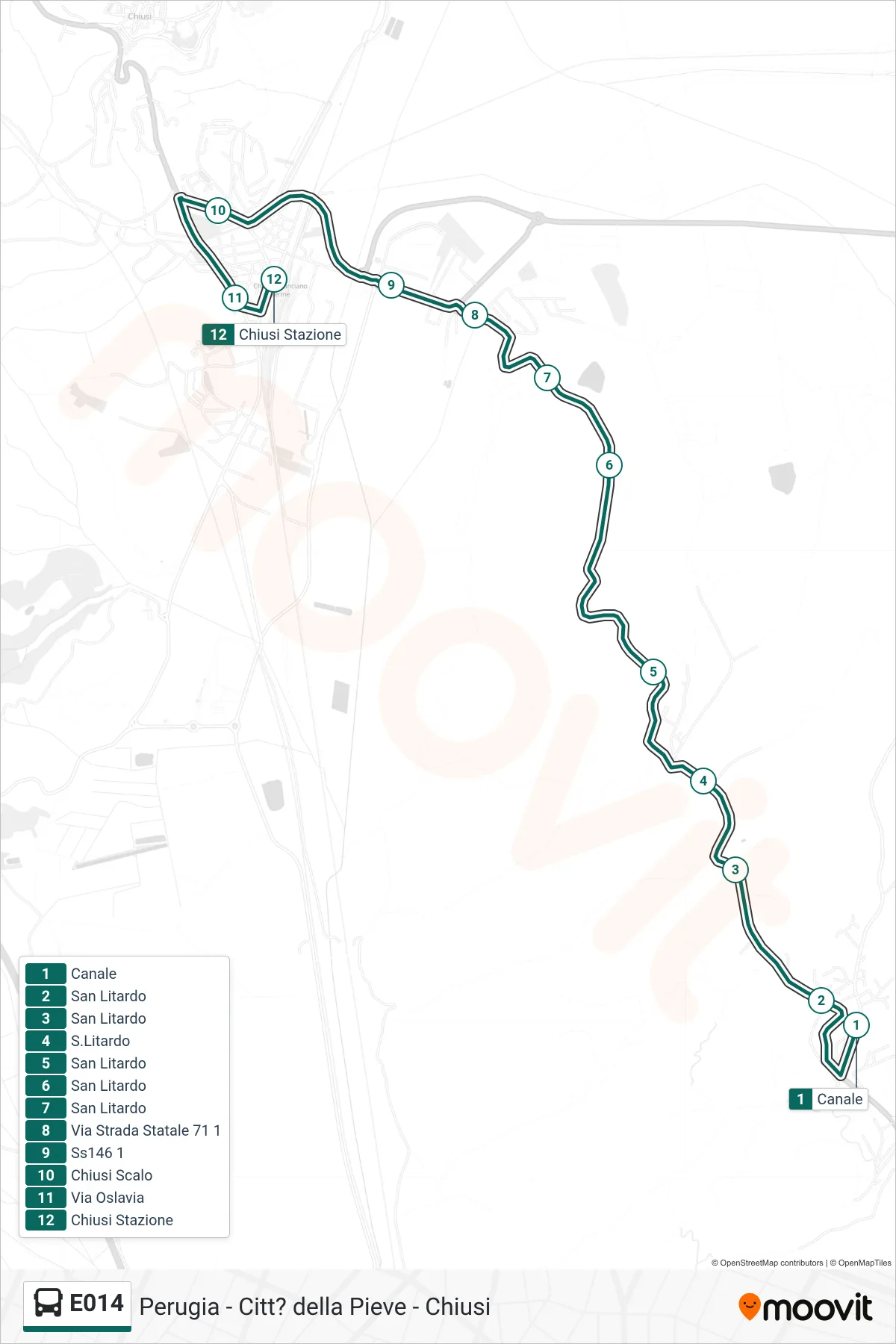 Linea E014 bus (Canale→Chiusi Stazione) - Percorsi e fermate sulla mappa