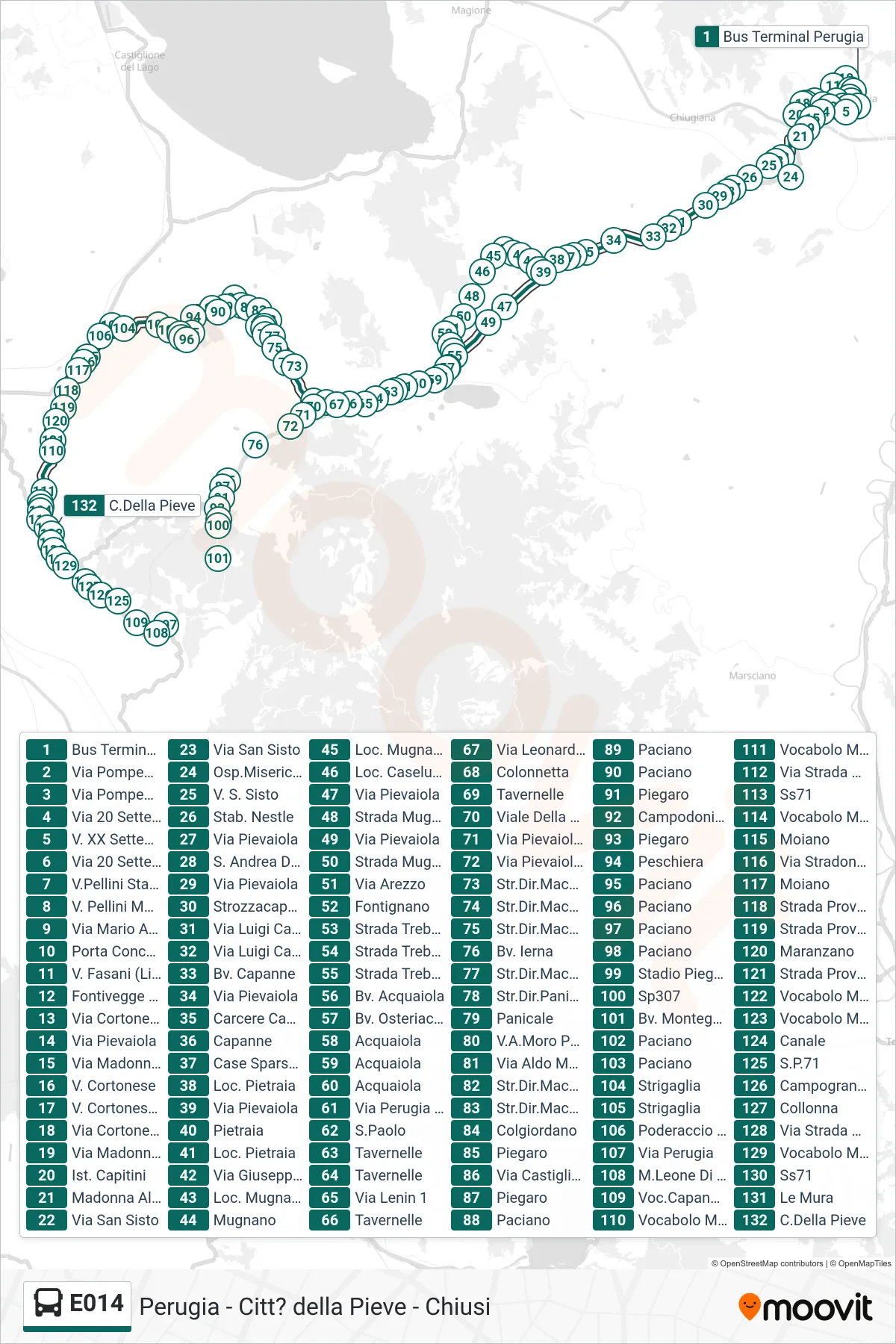 Linea E014 bus (Bus Terminal Perugia→C.Della Pieve) - Percorsi e fermate sulla mappa