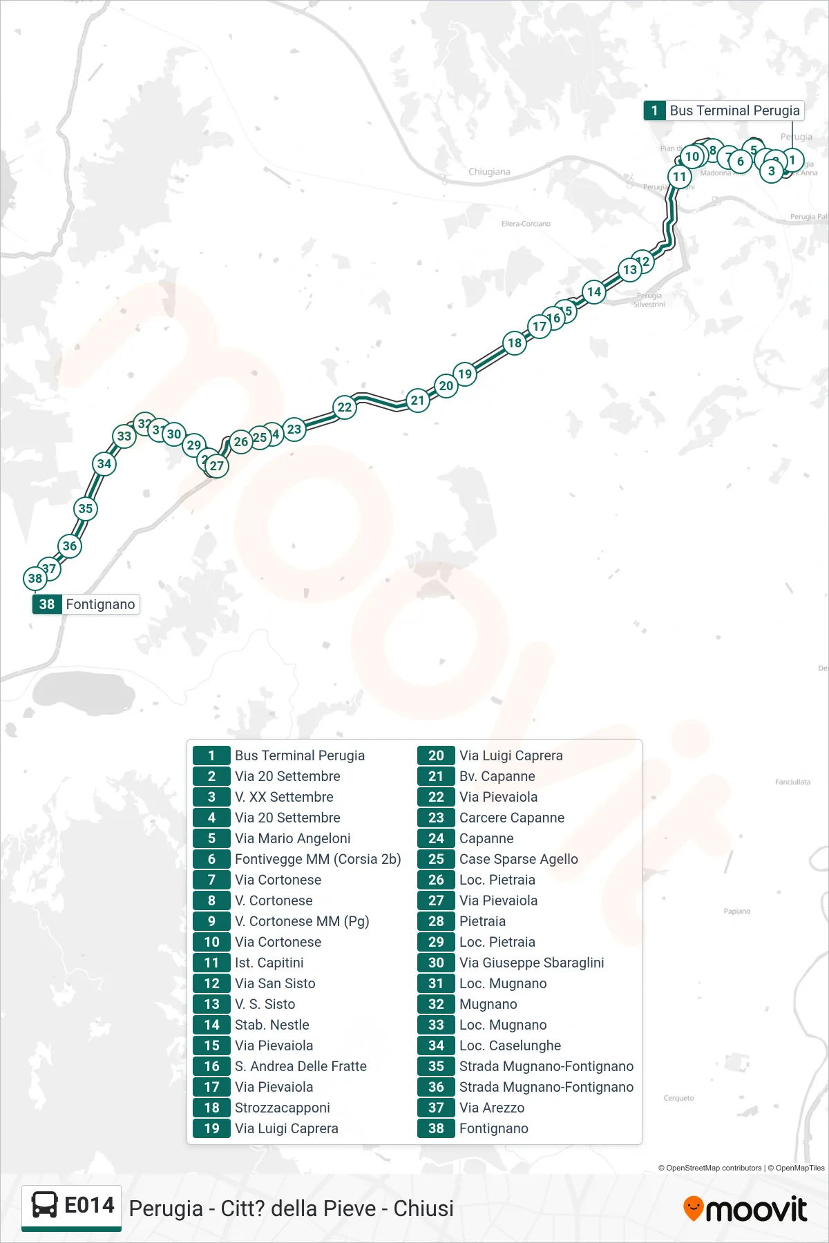 Linea E014 bus (Bus Terminal Perugia→Fontignano) - Percorsi e fermate sulla mappa